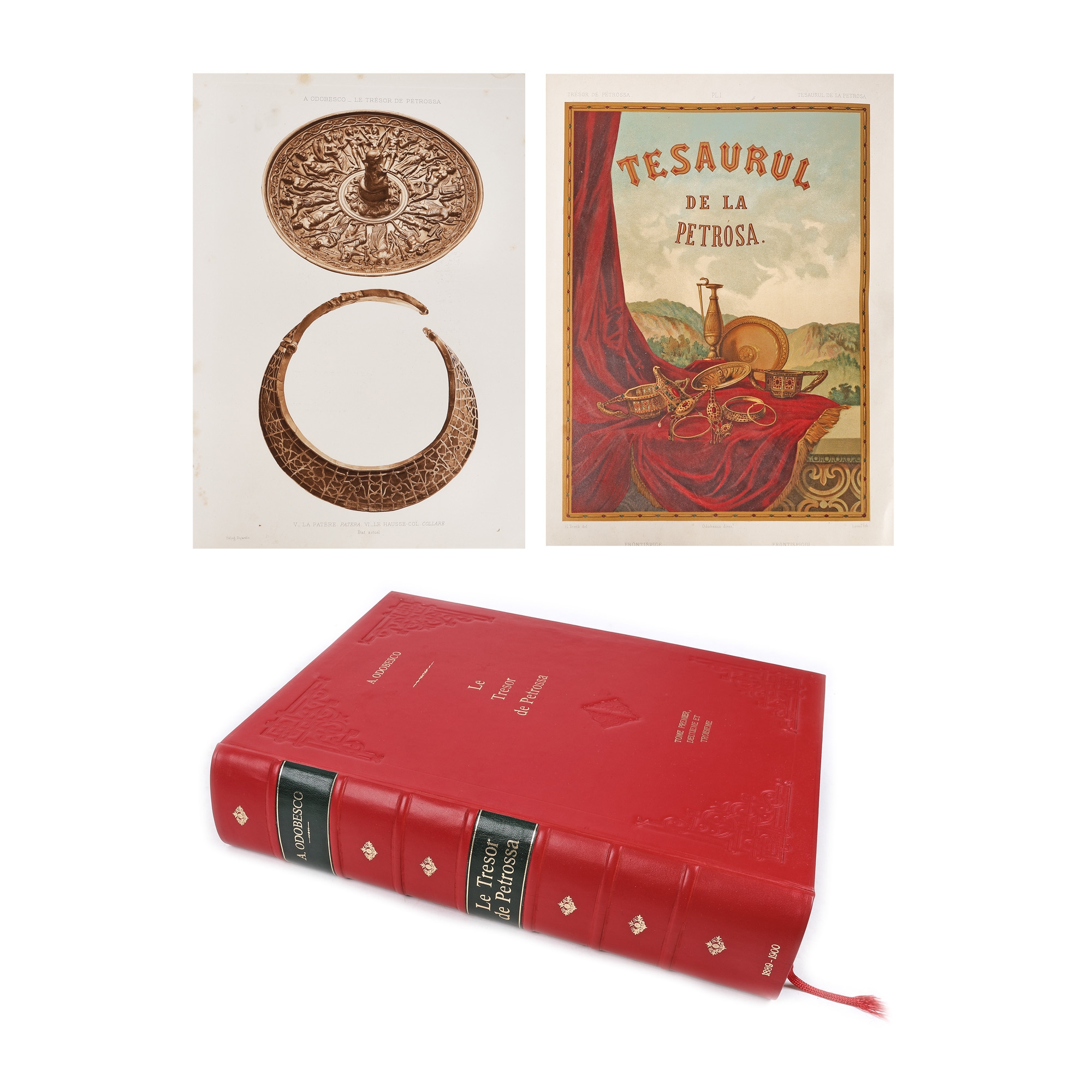 Colegat de trei volume ”Tezaurul de la Pietroasa”, de Alexandru Odobescu, franceză, trei volume, 1889-1900, cu 372 de ilustrații