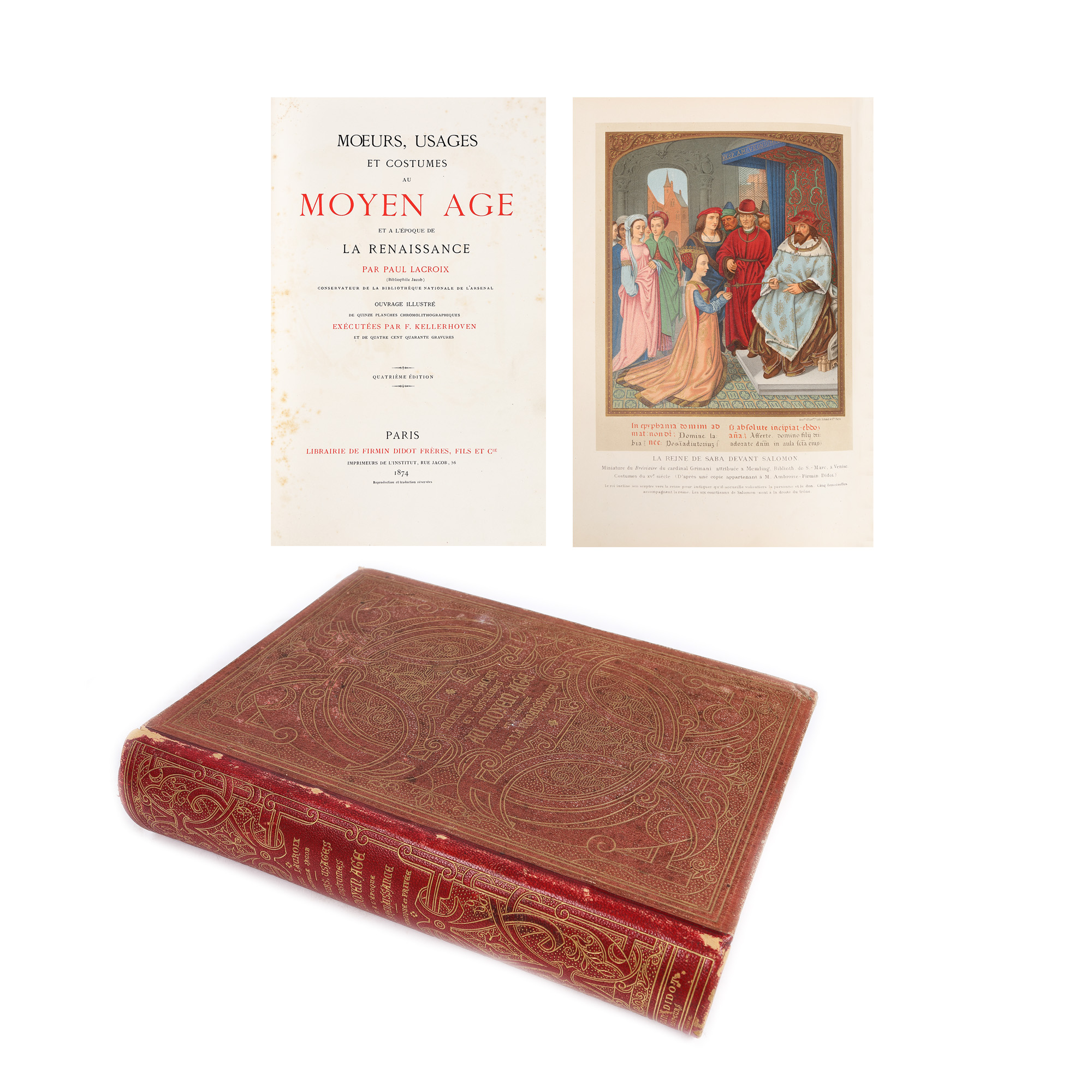 ”Moravuri, utilizări și costume din Evul Mediu până în Renaștere”, de Paul Lacroix, franceză, Paris 1874, ediție bibliofilă, cu 14 cromolitografii și 410 gravuri realizate de Franz Kellerhoven