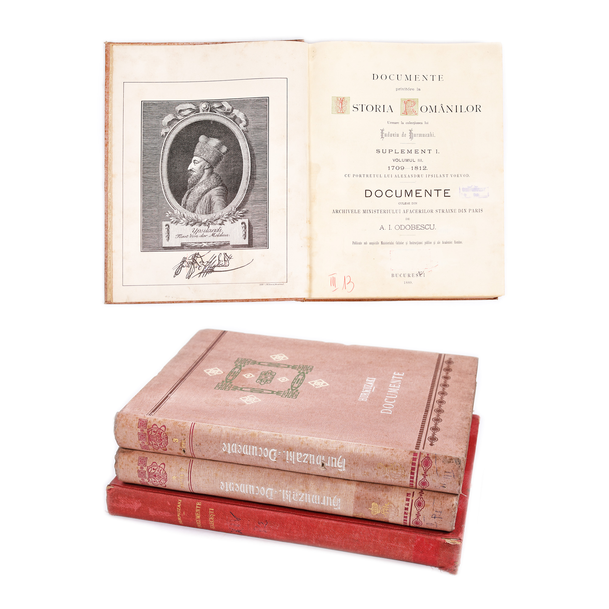 "Documente privitoare la Istoria Românilor", trei volume, de Alexandru Odobescu, Nicolae Densușianu și Nicolae Iorga, București, 1889-1917, cu semnătura olografă a lui Nicolae Iorga