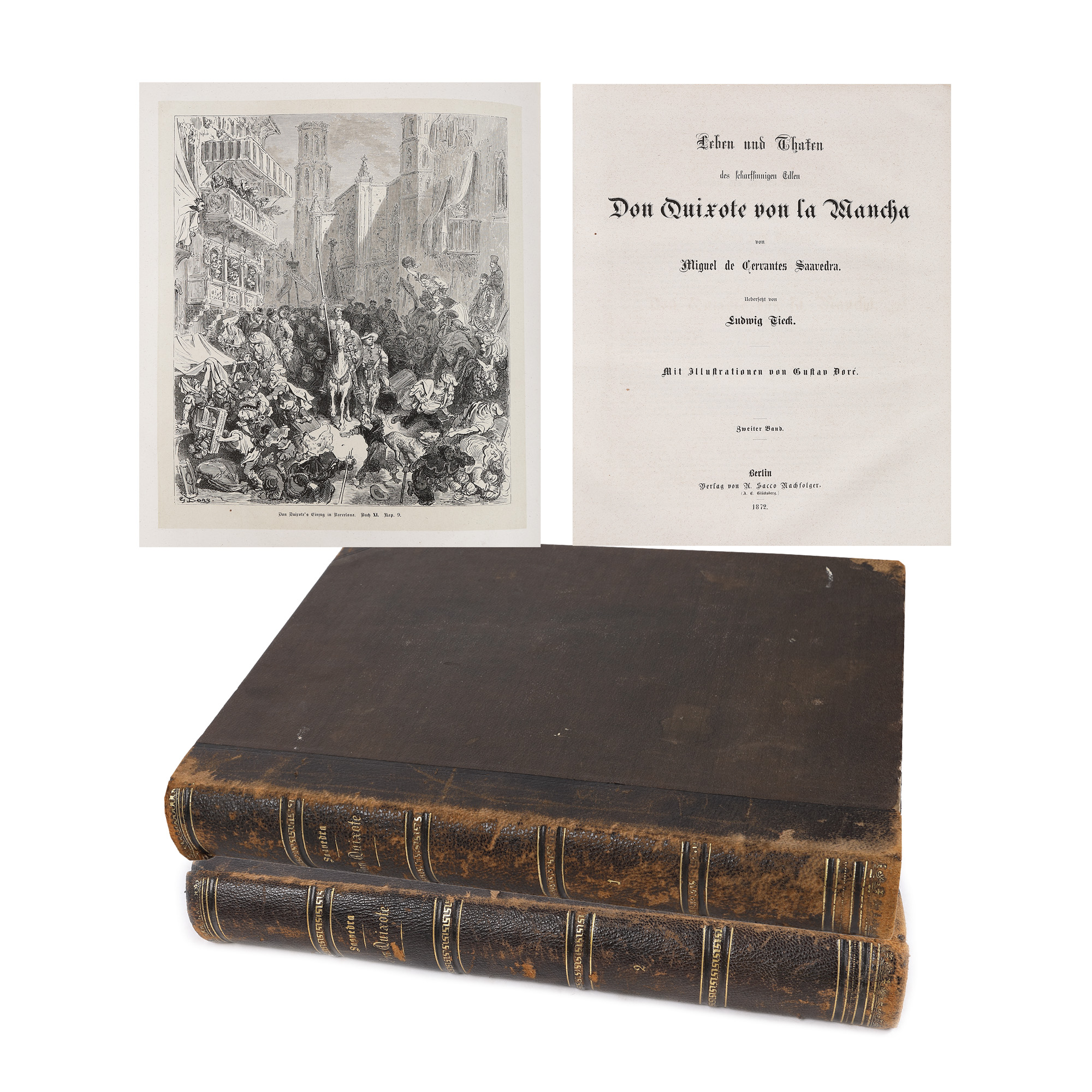 "Don Quixote de la Mancha", two volumes, by Miguel de Cervantes Saavedra, German, Berlin, 1872, with illustrations by Gustave Doré