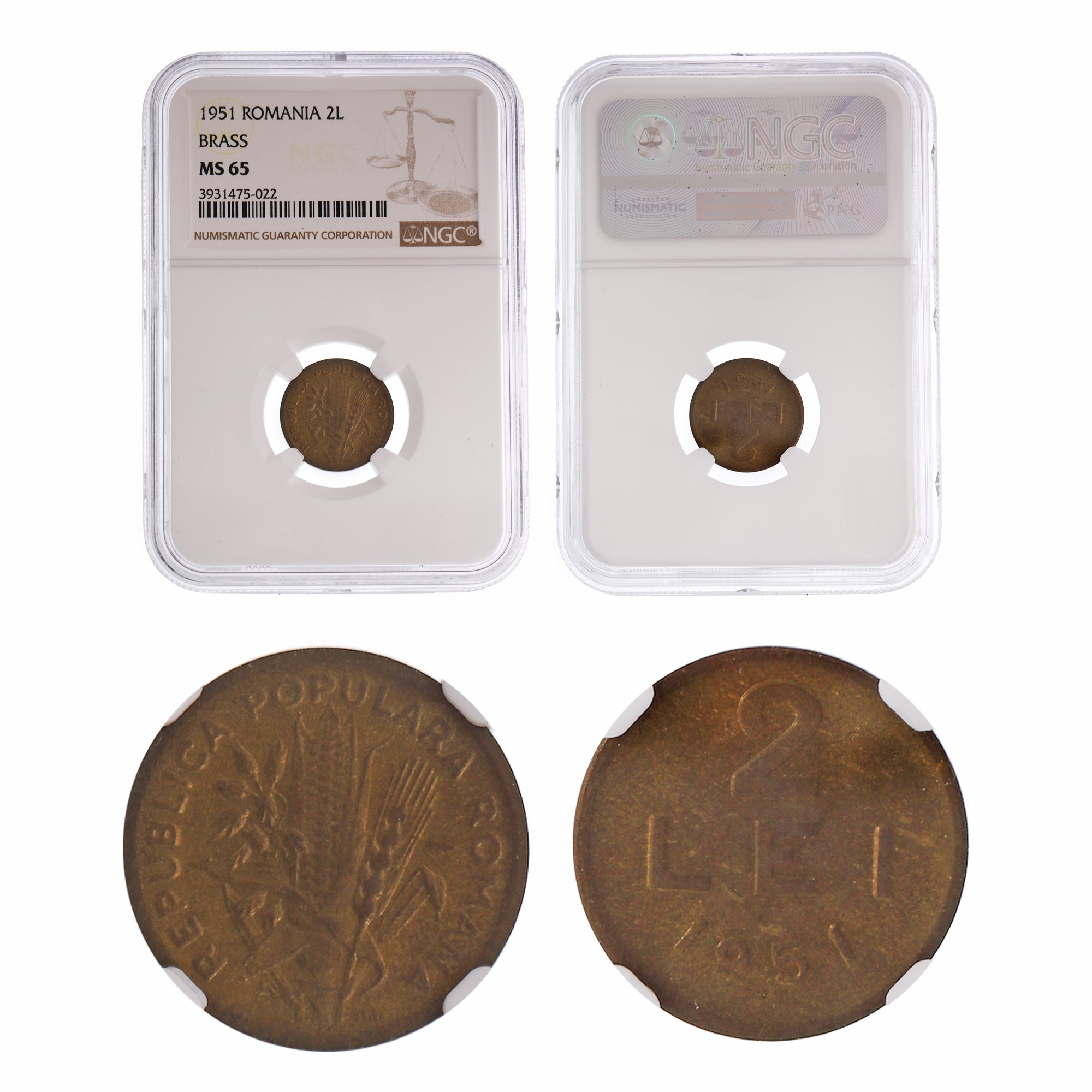 2 Lei 1951 coin, MS 65, brass