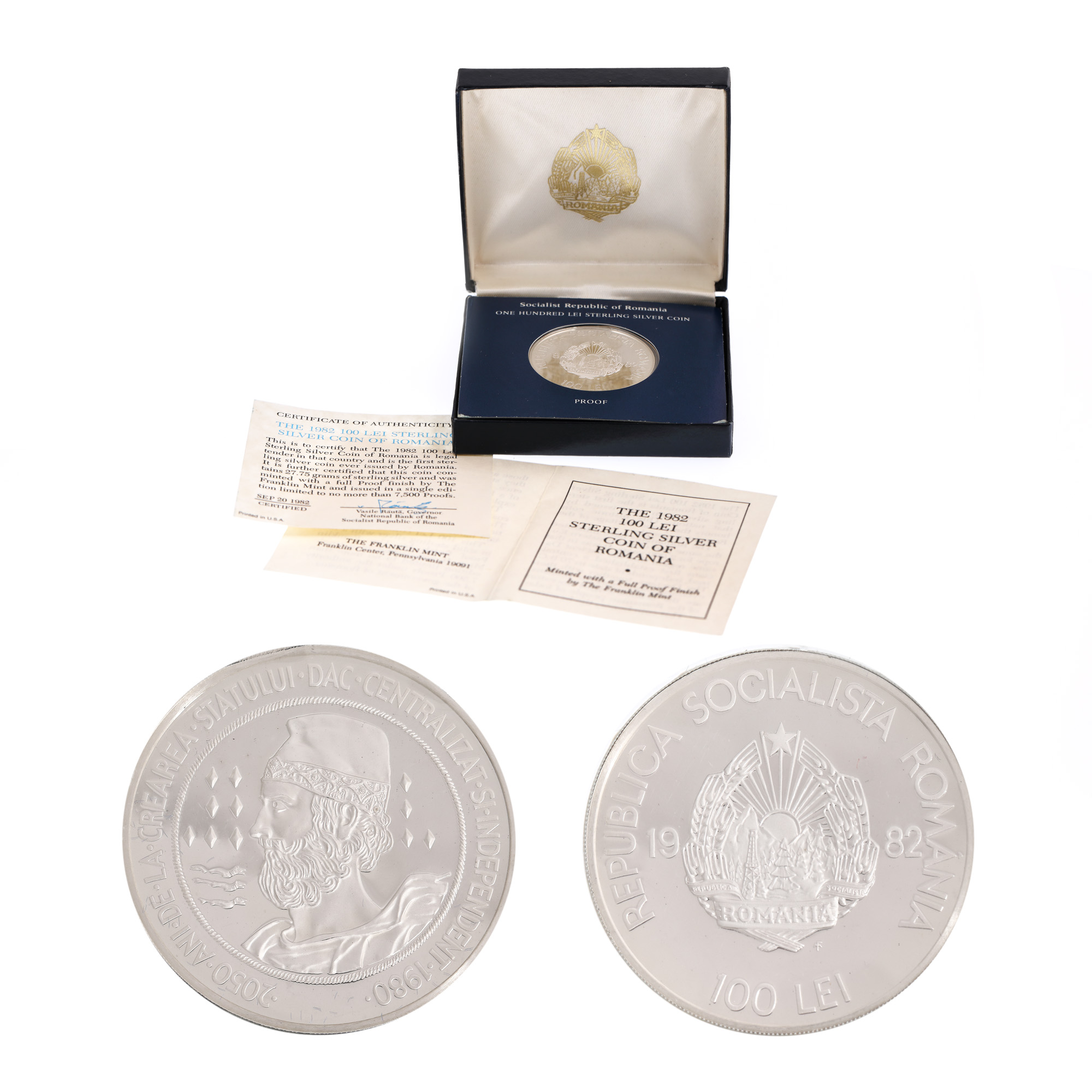 Moneda 100 Lei 1982, proof, din argint, însoțită de certificat de autenticitate și cutia originală