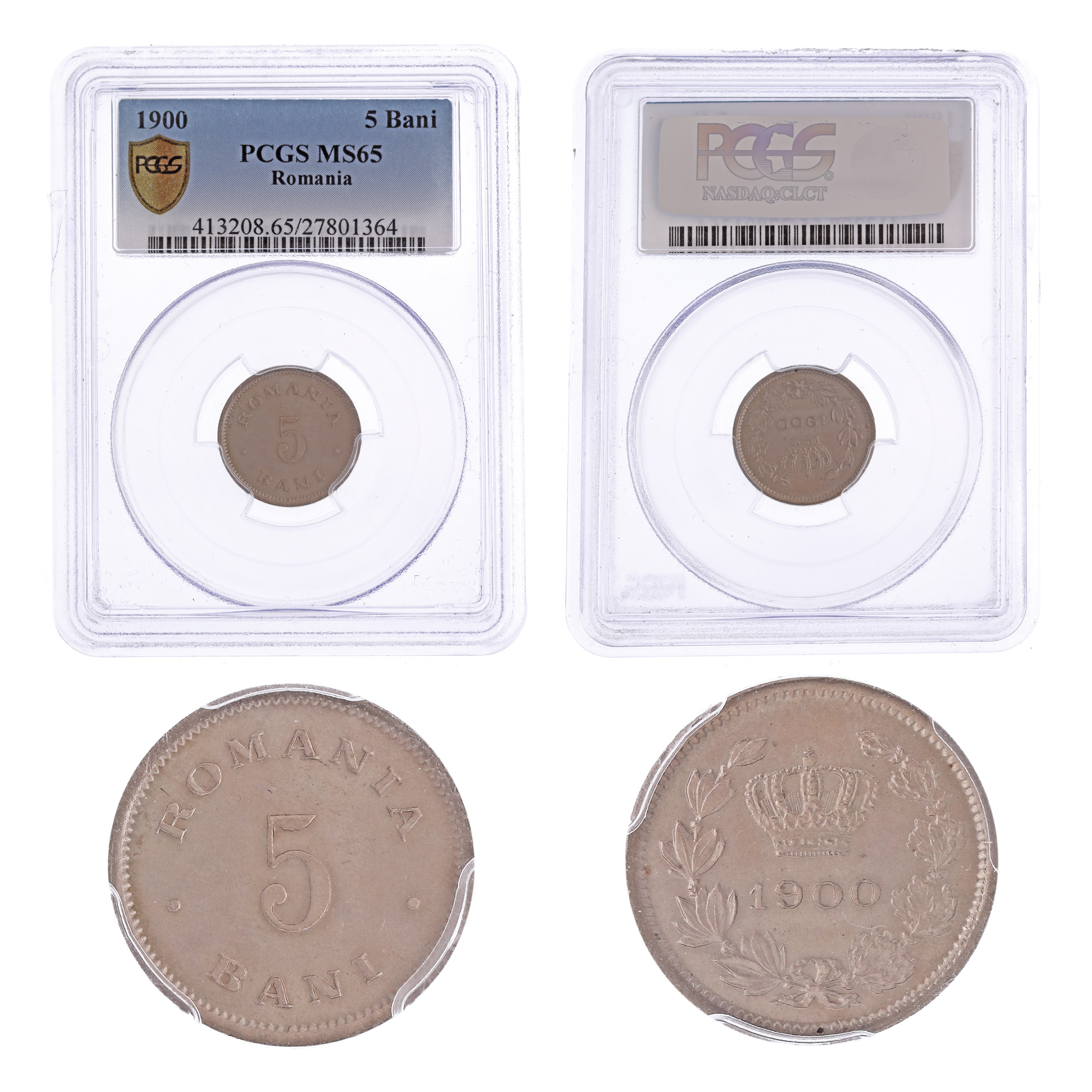 5 Bani 1900 coin, MS 65, with the globe and crown cross tilted to the left