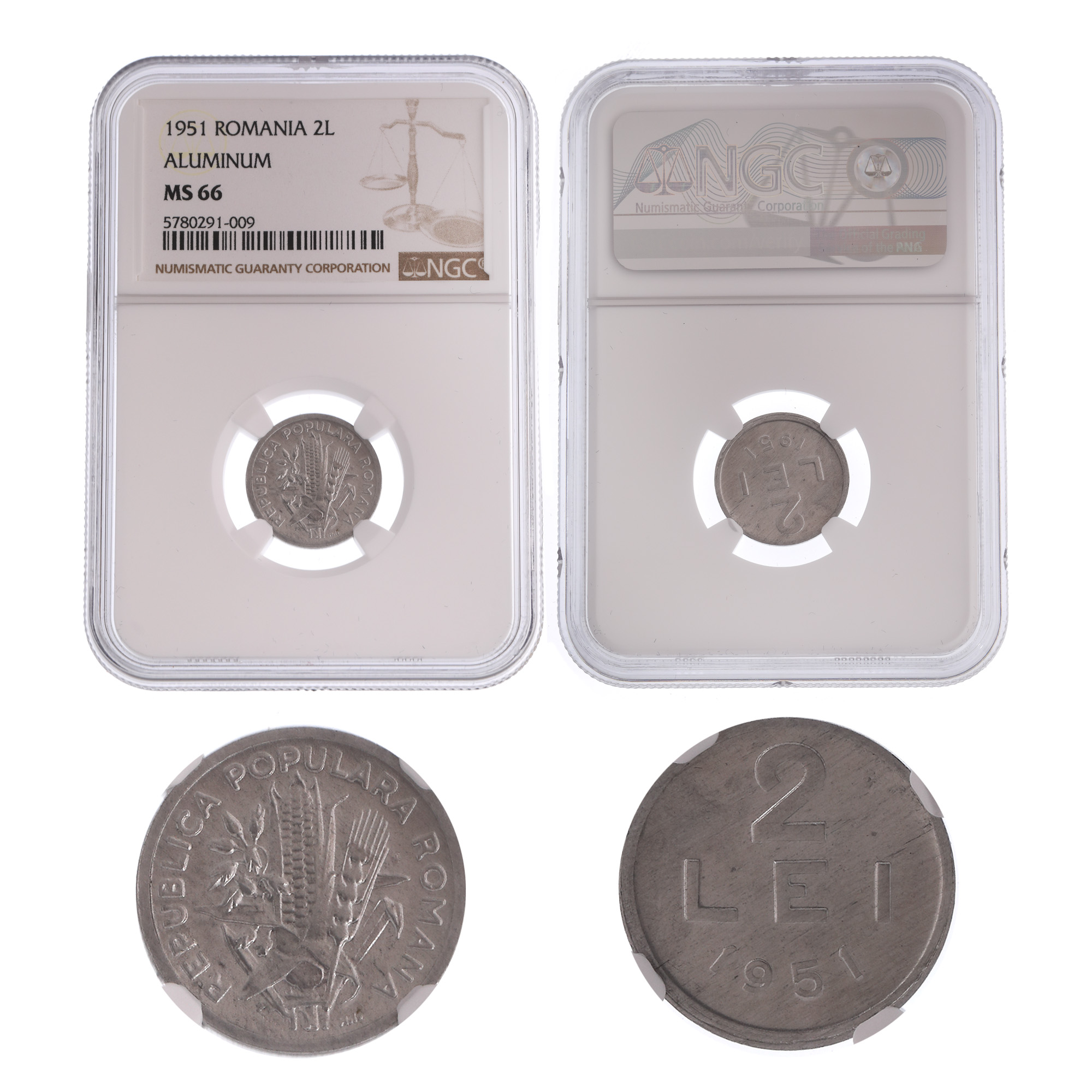 2 Lei 1951 coin, MS 66