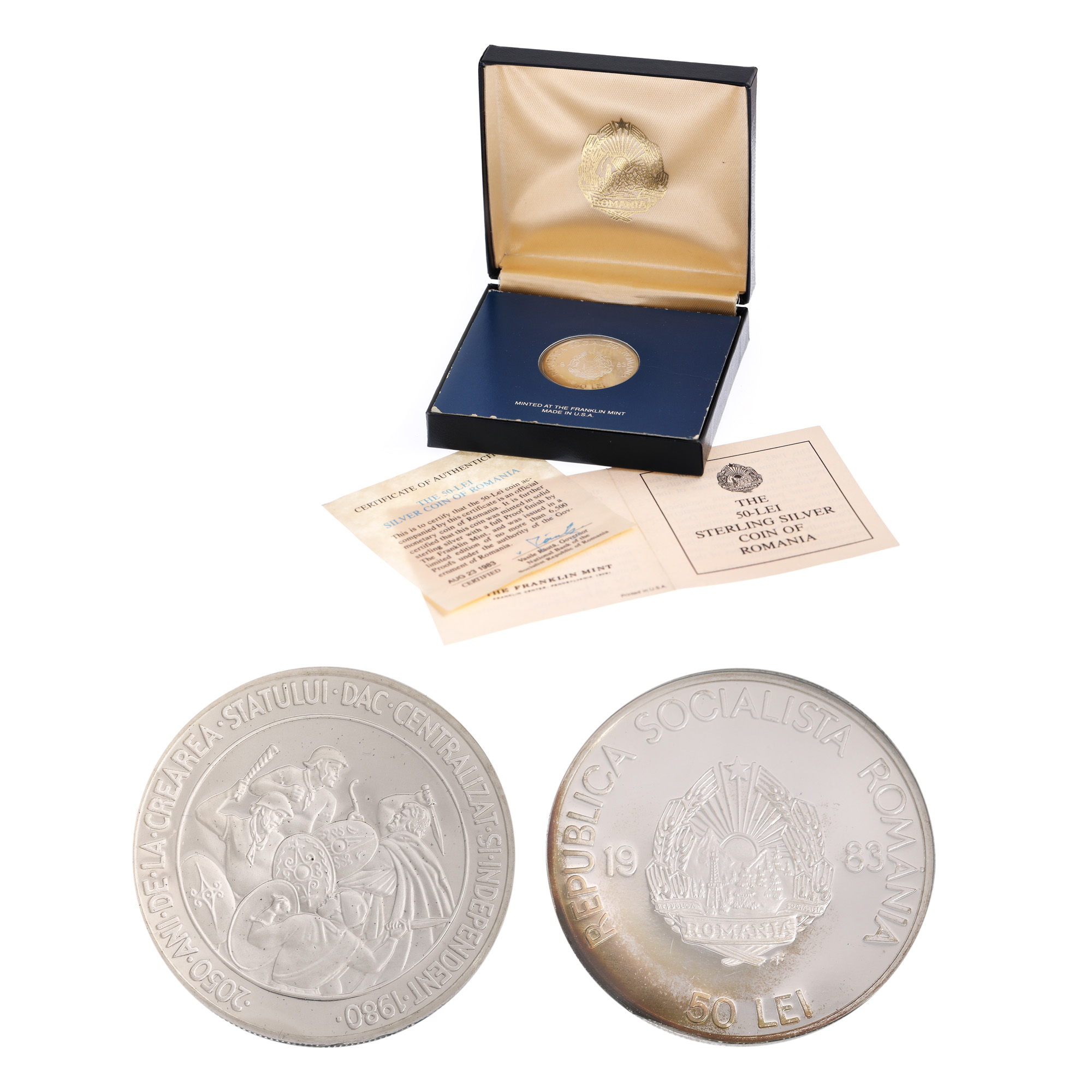 50 Lei 1983 coin, proof, silver, certificate of authenticity and original box