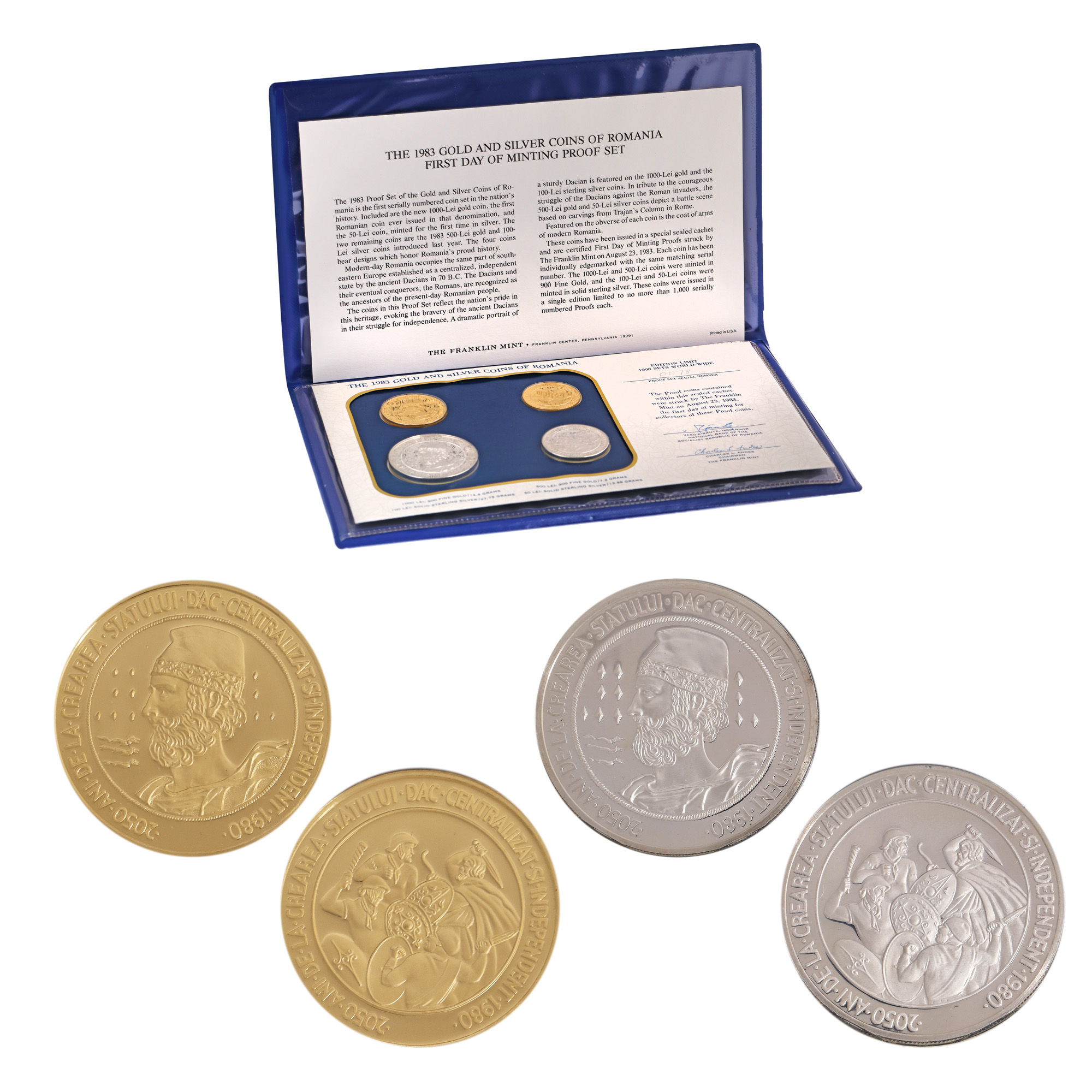 Lot format din patru monede, 1000 Lei aur, 500 Lei aur, 100 Lei argint, 50 Lei argint, 1983, însoțit de certificat de autenticitate