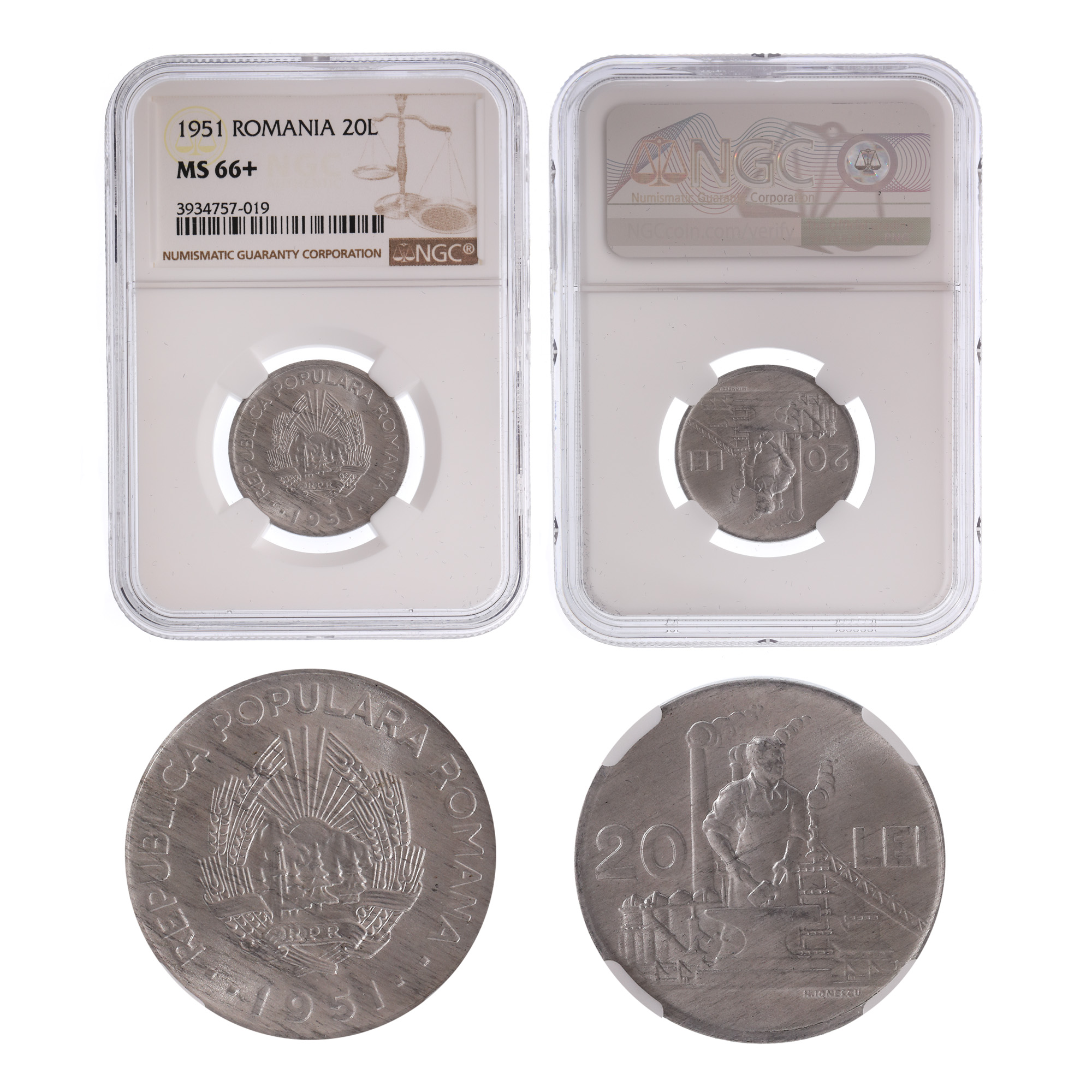 20 Lei 1951 coin, MS 66+
