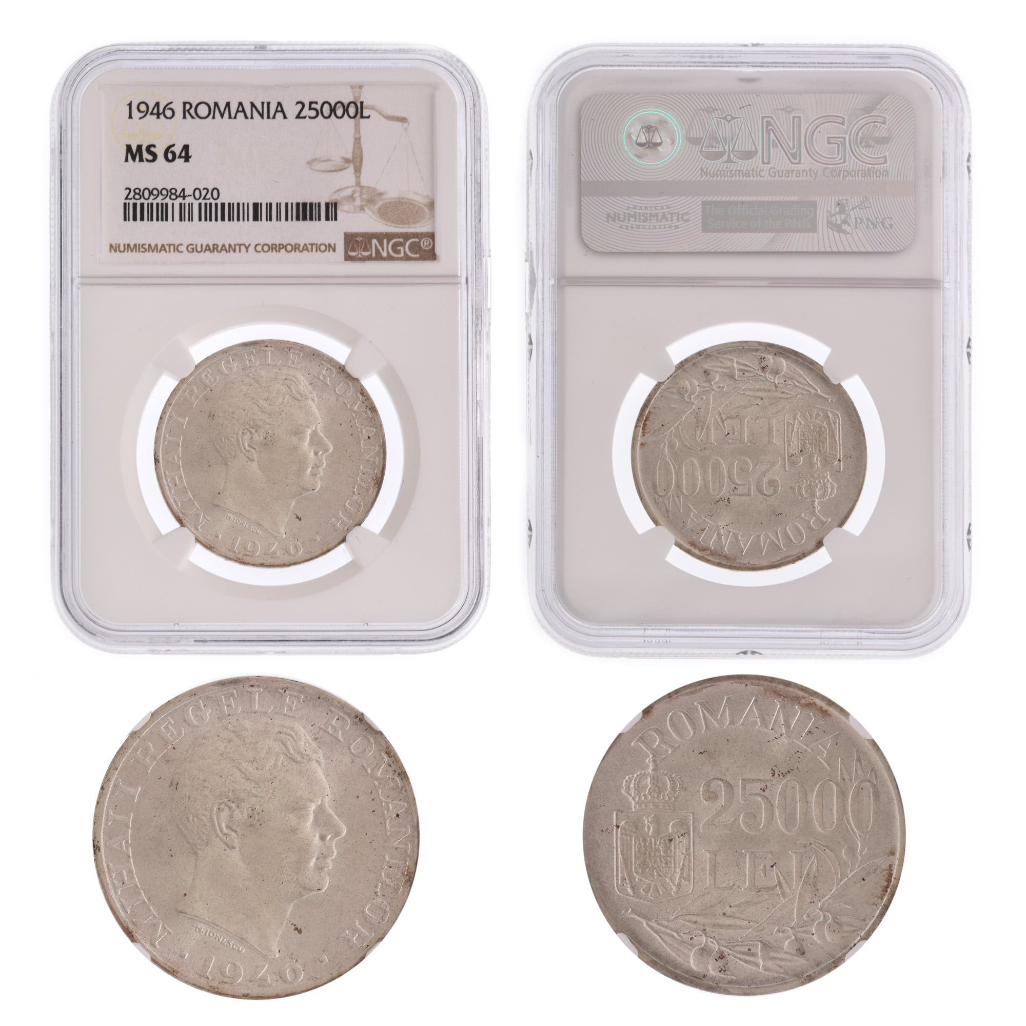 25.000 Lei 1946 coin, MS 64, silver, error at the dash between the olives