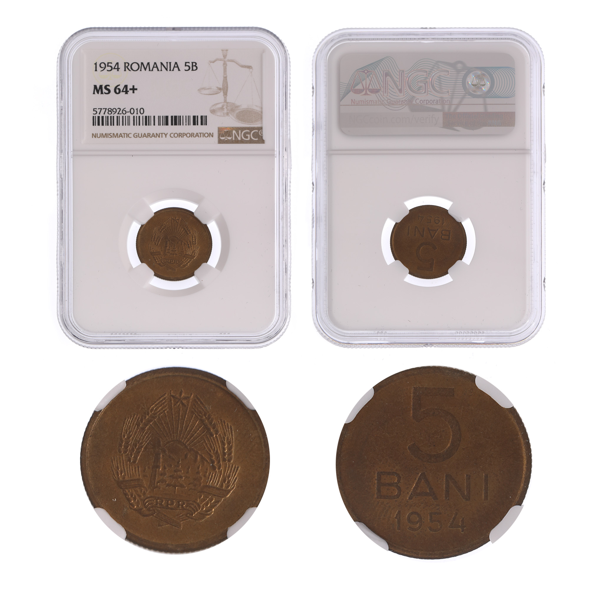 Moneda 5 Bani 1954, MS 64+