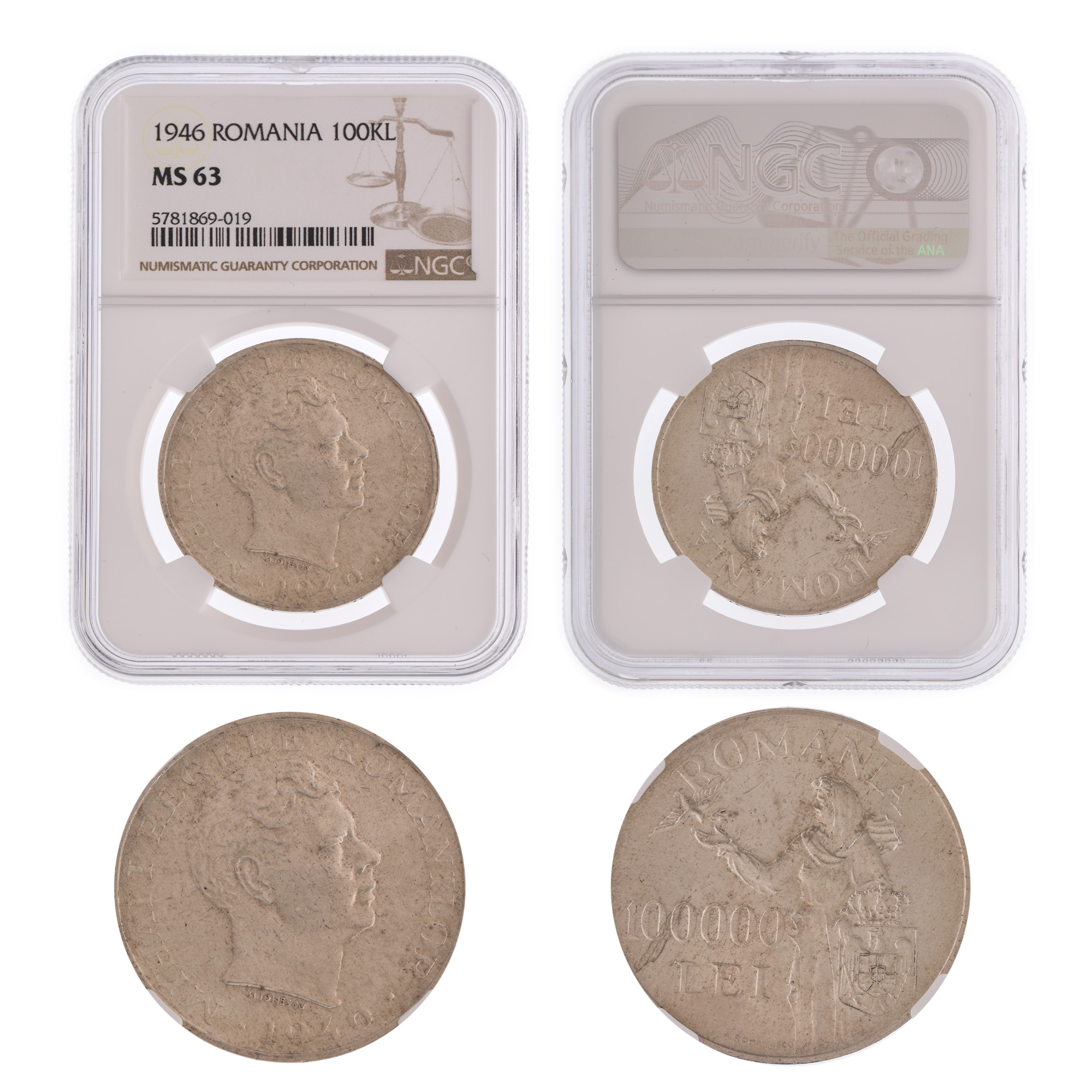 100.000 Lei 1946 coin, MS 63, silver