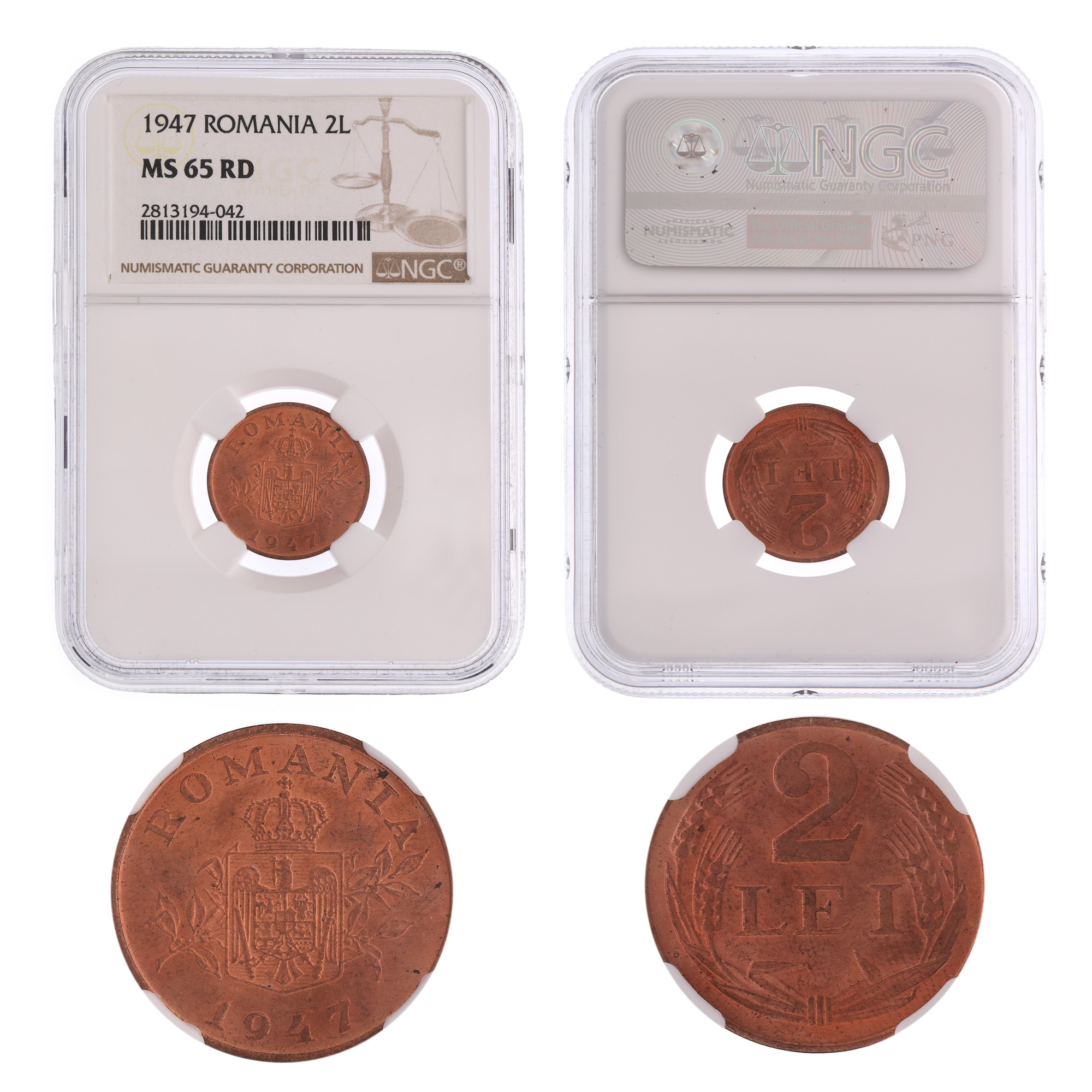 Moneda 2 Lei 1947, MS 65 RD