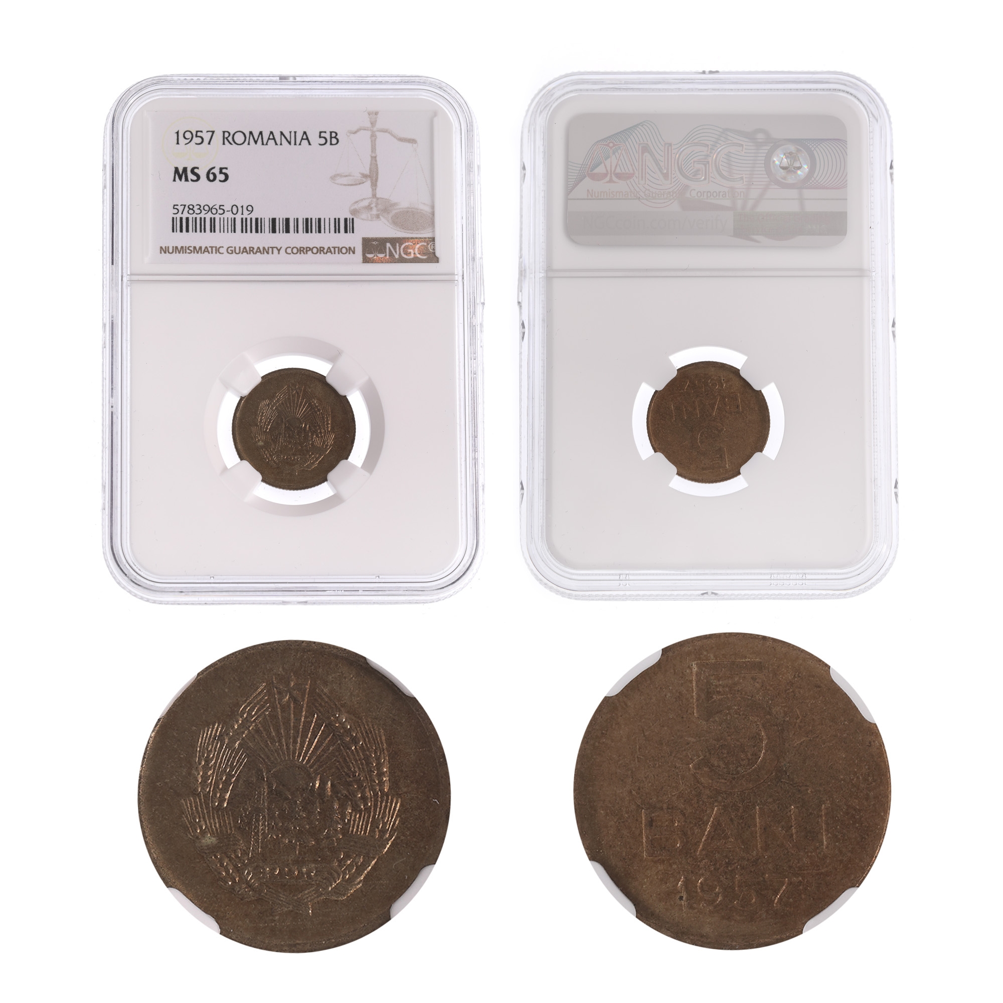 Moneda 5 Bani 1957, MS 65