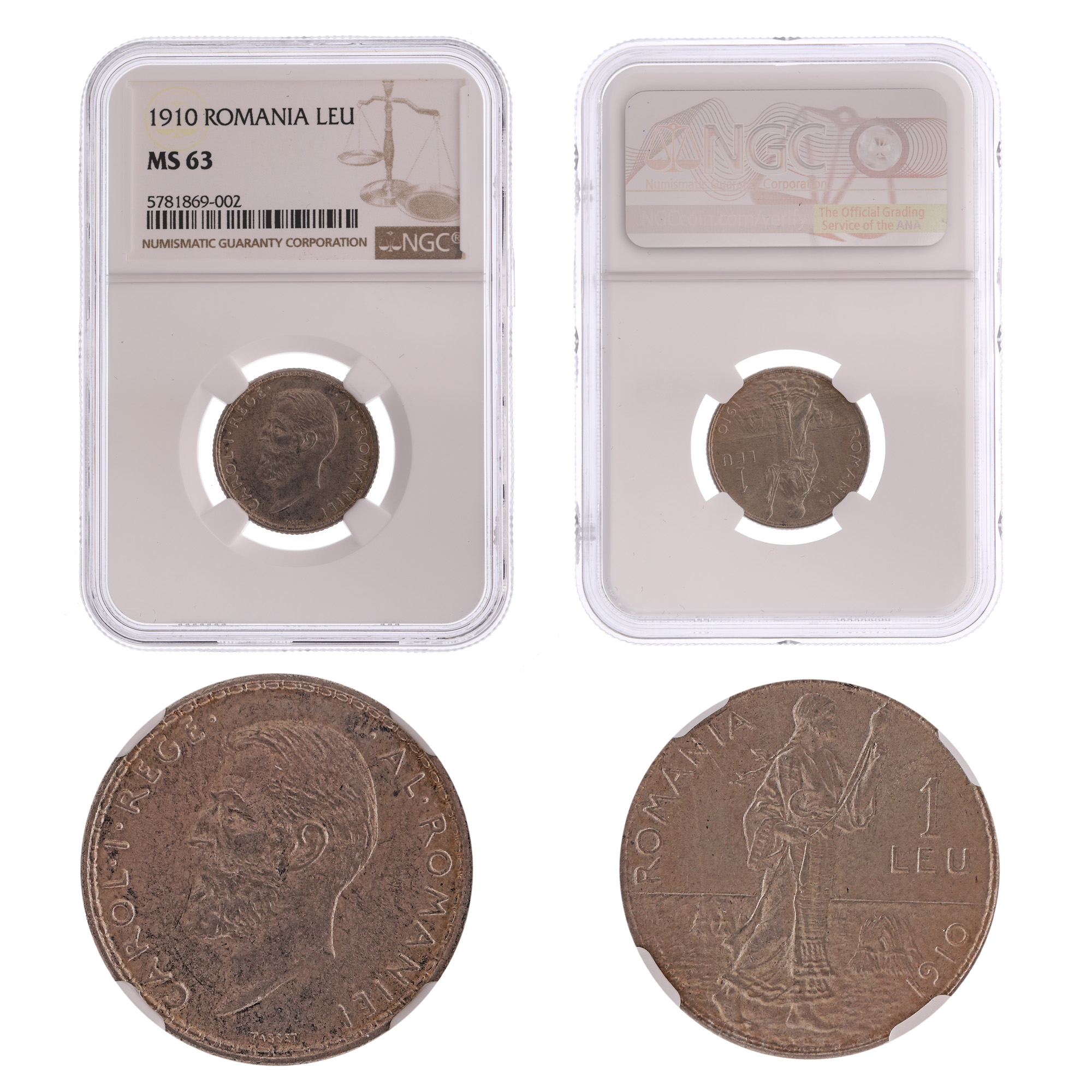1 Leu 1910 coin, MS 63, Hamburg, with three minting cracks, silver