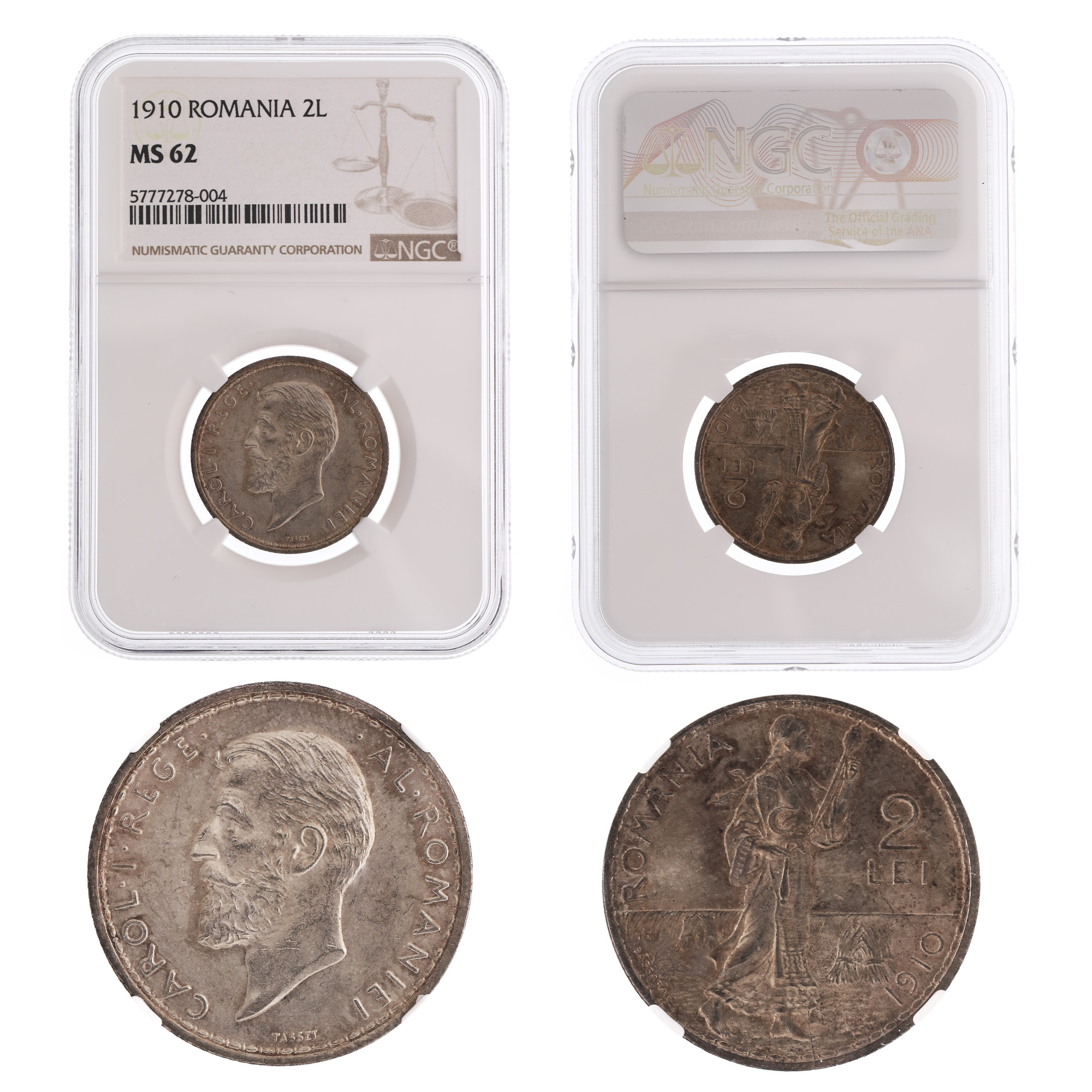 Moneda 2 Lei 1910, MS 62, Bruxelles, argint