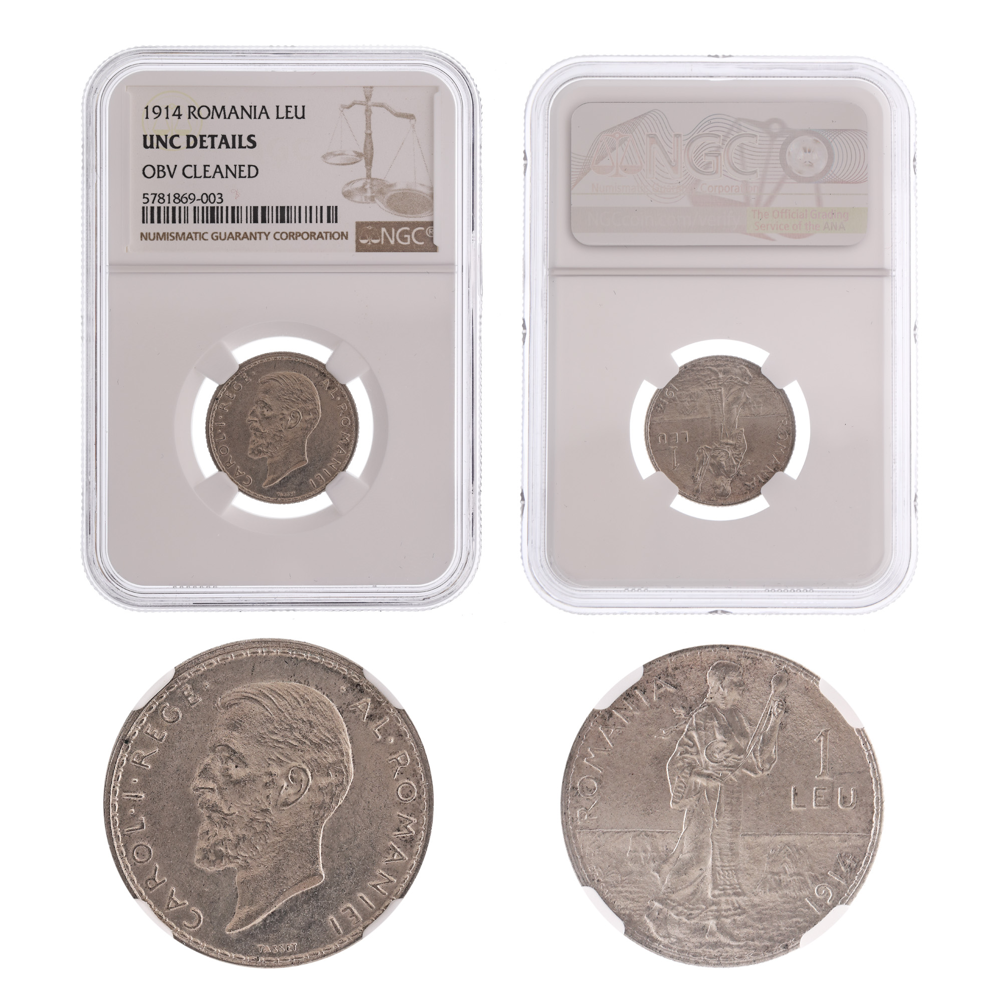 Moneda 1 Leu 1914, UNC Details, cu batere dublă la ”L”, argint