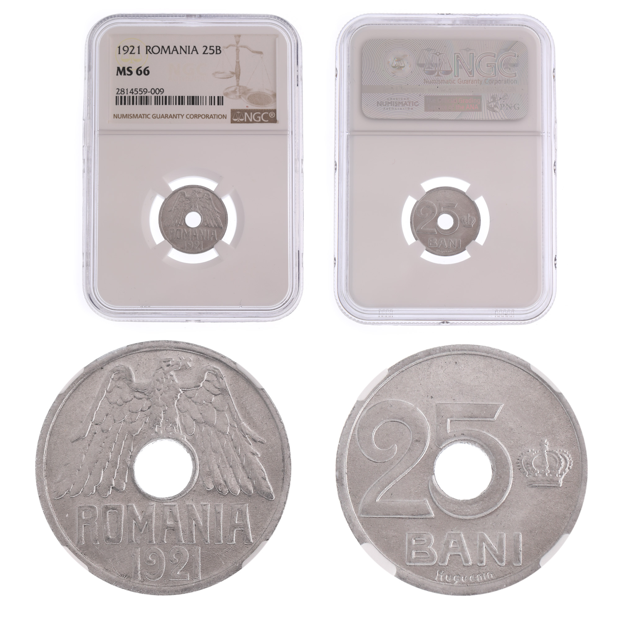 Moneda 25 Bani 1921, MS 66, cu perforare de 4 mm