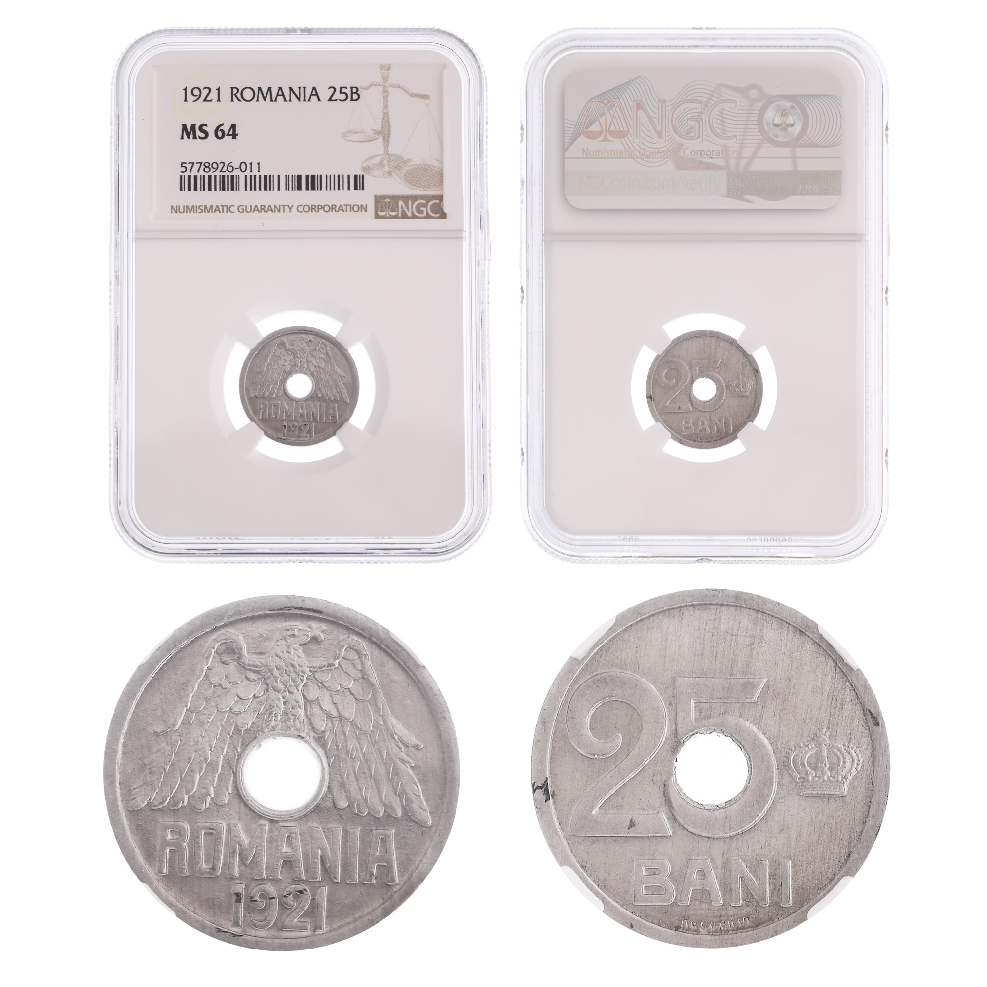 Moneda 25 Bani 1921, MS 64, cu perforare de 4,5 mm