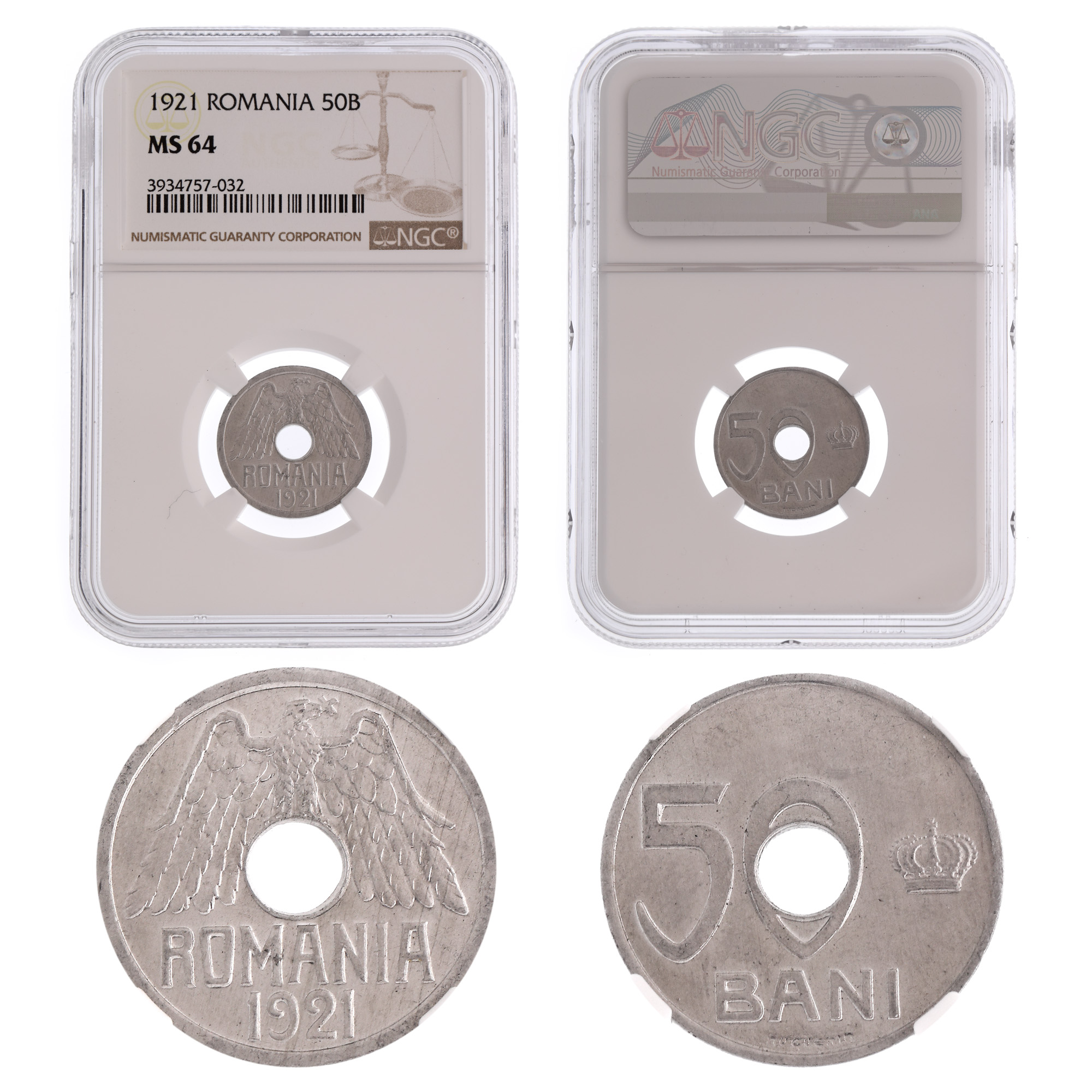 Moneda 50 Bani 1921, MS 64, cu perforare de 4 mm