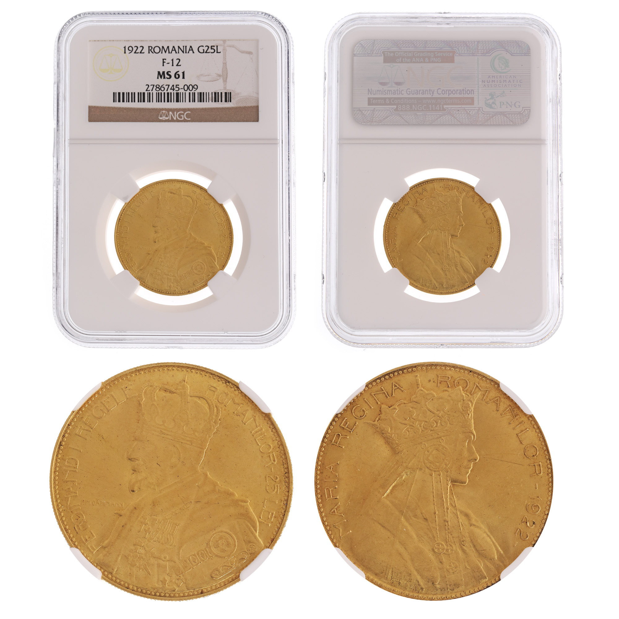 25 Lei 1922 coin, MS 61, gold