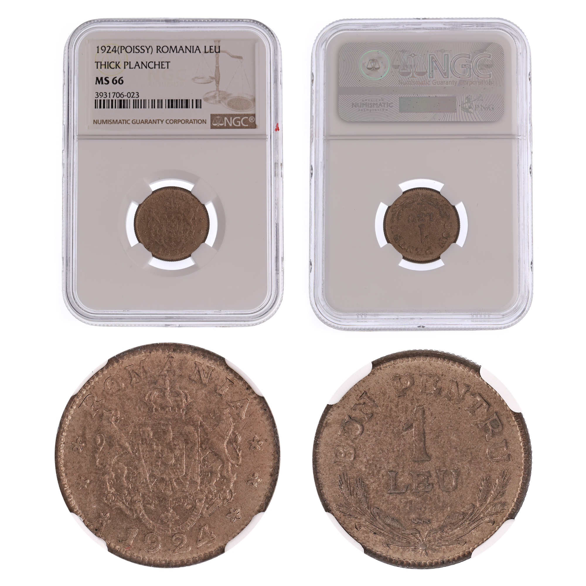 Moneda 1 Leu 1924, MS 66, Poissy, cu semn zigzag
