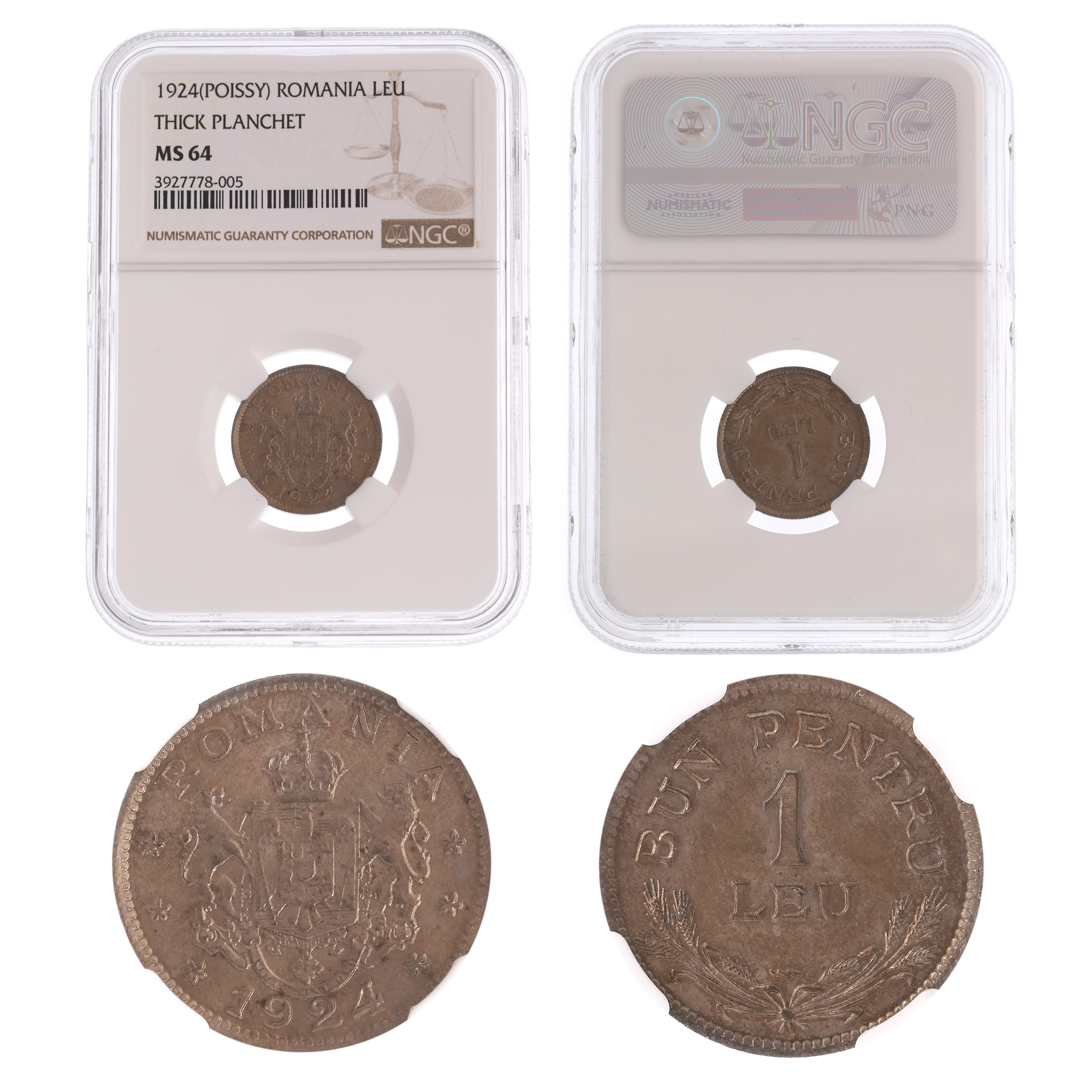 Moneda 1 Leu 1924, MS 66, Poissy, cu semn zigzag și revers deviat
