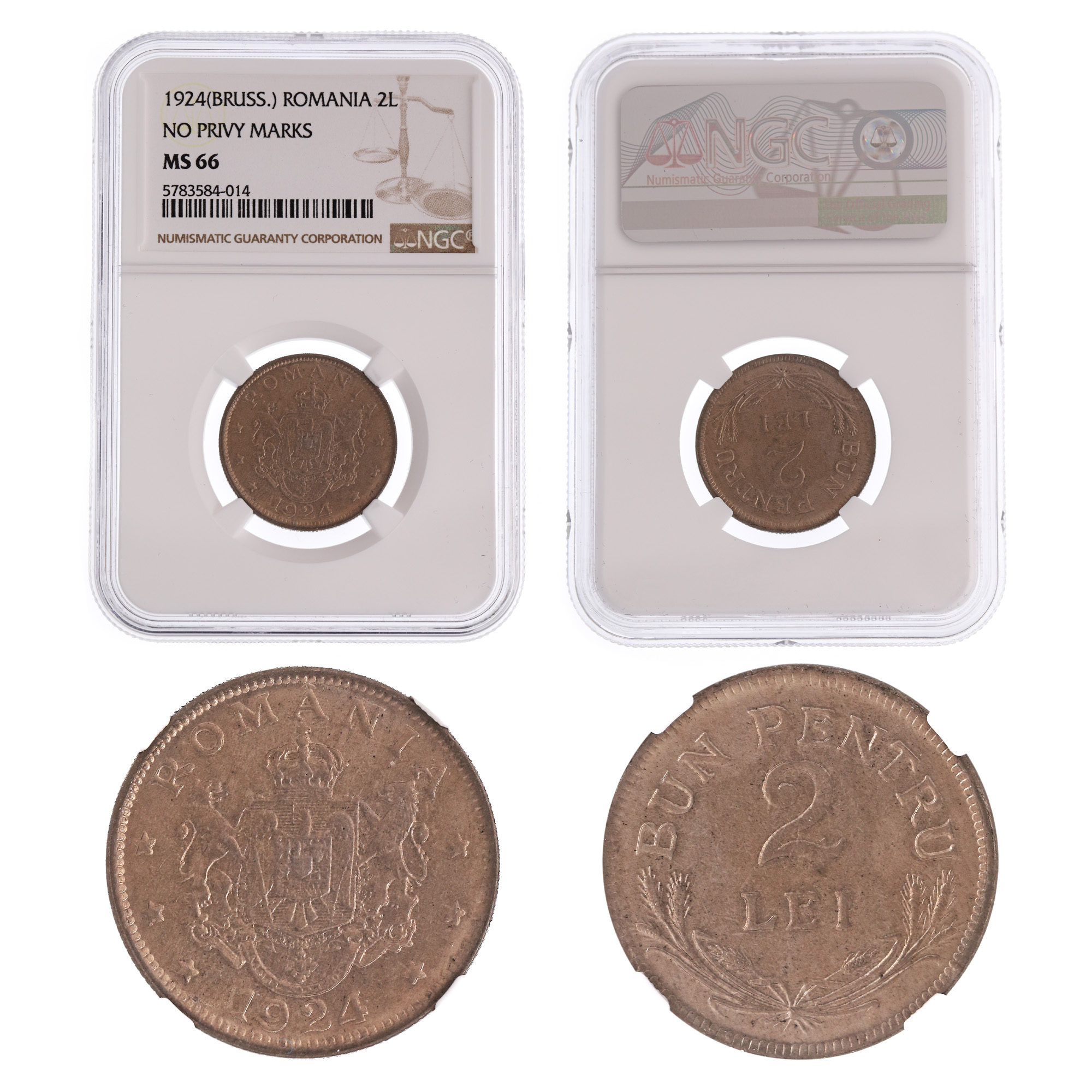 2 Lei 1924 coin, MS 66, Brussels, no mark
