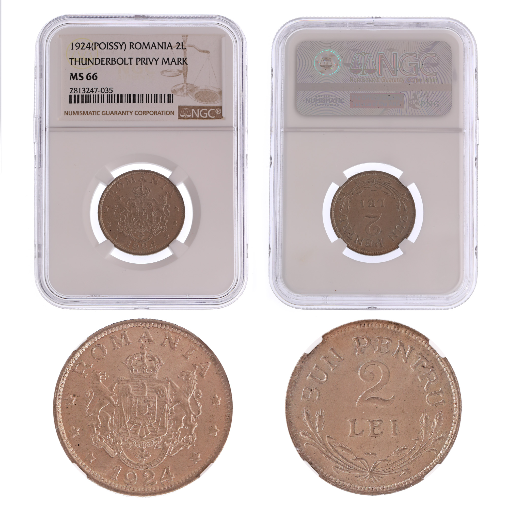 2 Lei 1924 coin, MS 66, Poissy, with zigzag mark