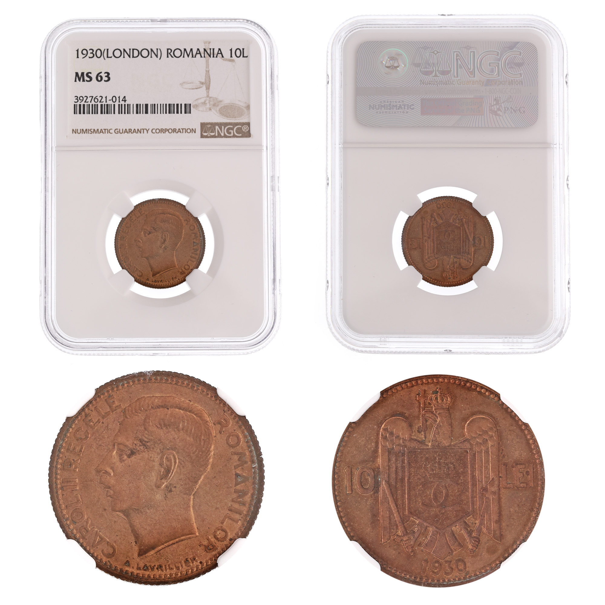 Moneda 10 Lei 1930, MS 63, Londra fără semn