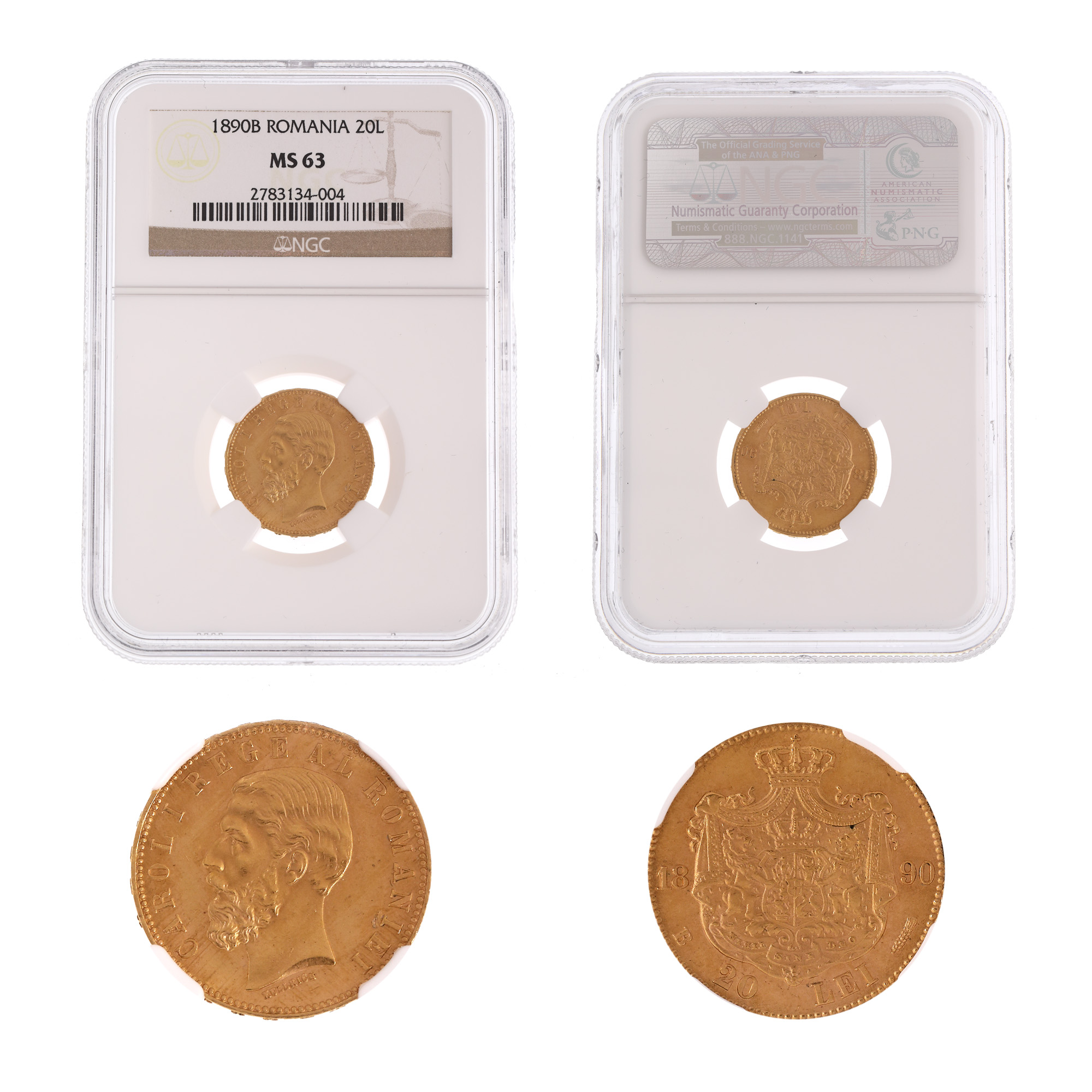 Moneda 20 Lei 1890B, MS 63, aur