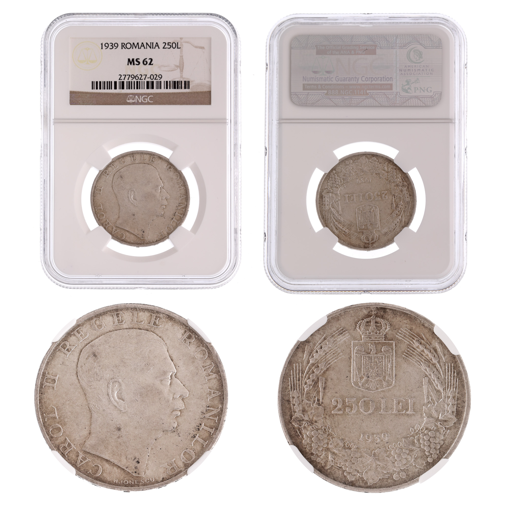 250 Lei 1939 coin, MS 62, silver