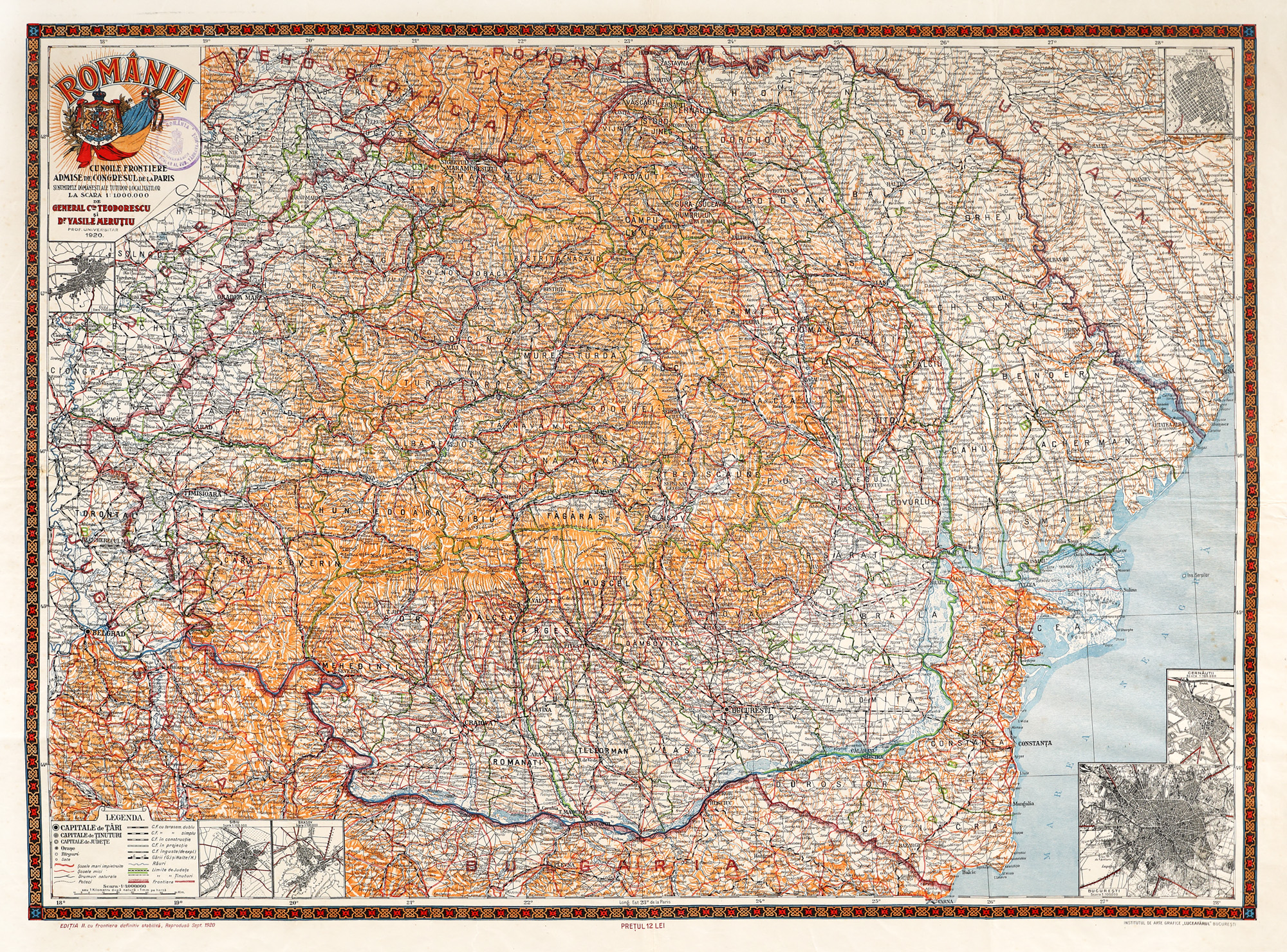 Map "România Mare" ("Great Romania"), by General Constantin Teodorescu and Vasile Meruțiu, 1920