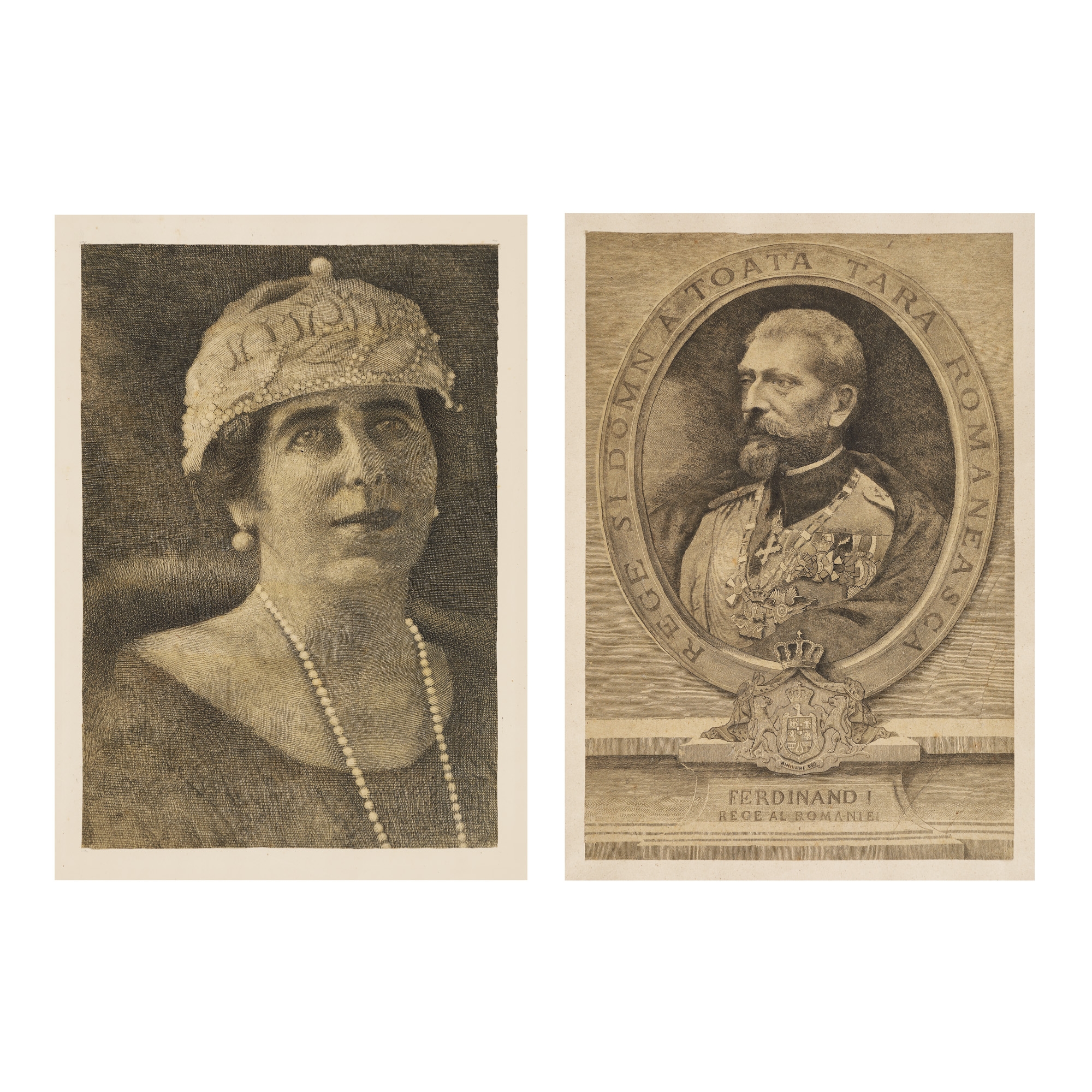Two engravings illustrating King Ferdinand and Queen Marie