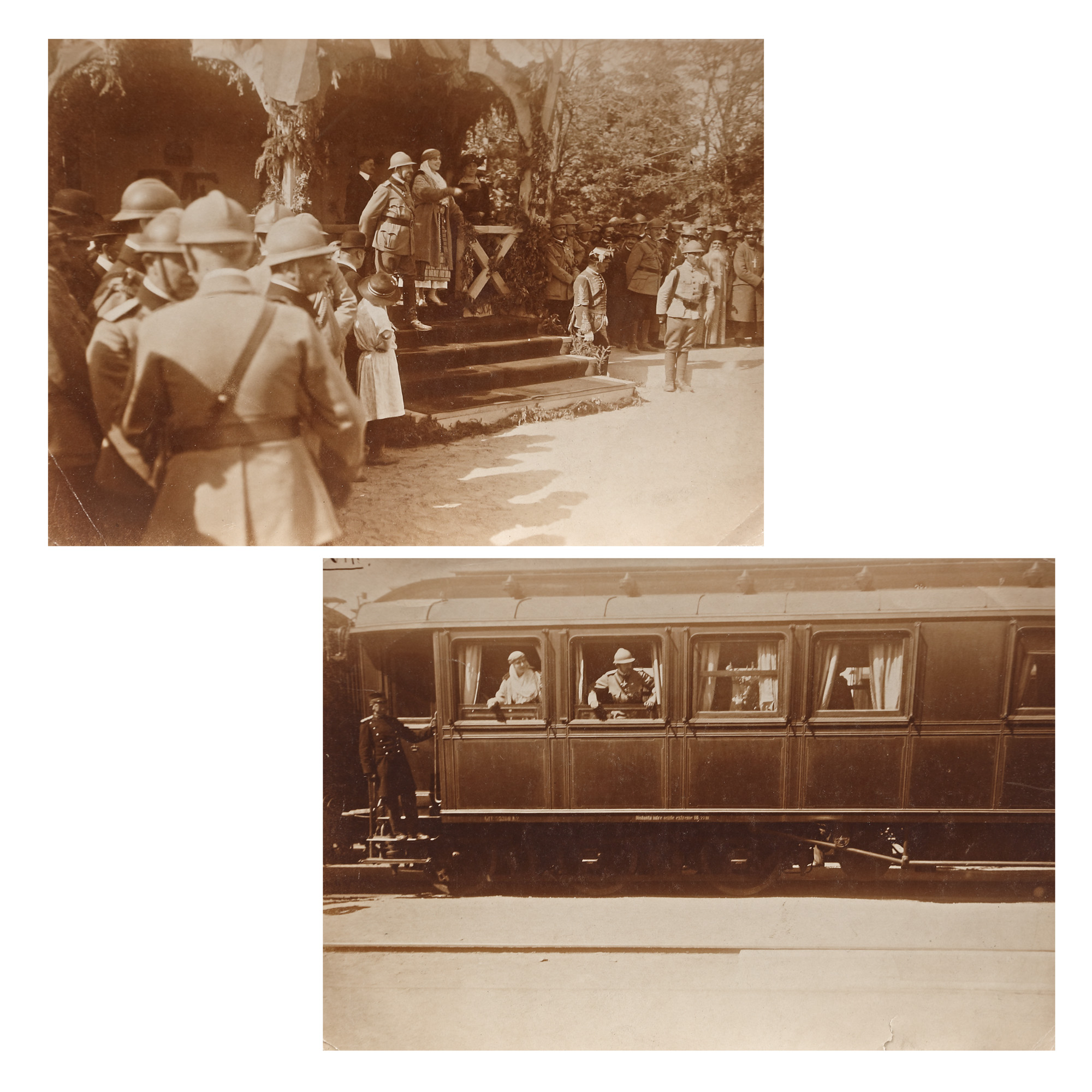 Lot format din două fotografii ilustrându-i pe Regele Ferdinand și Regina Maria în timpul primei vizite întreprinse de familia regală în Transilvania după Marea Unire, 1919, piesă rară