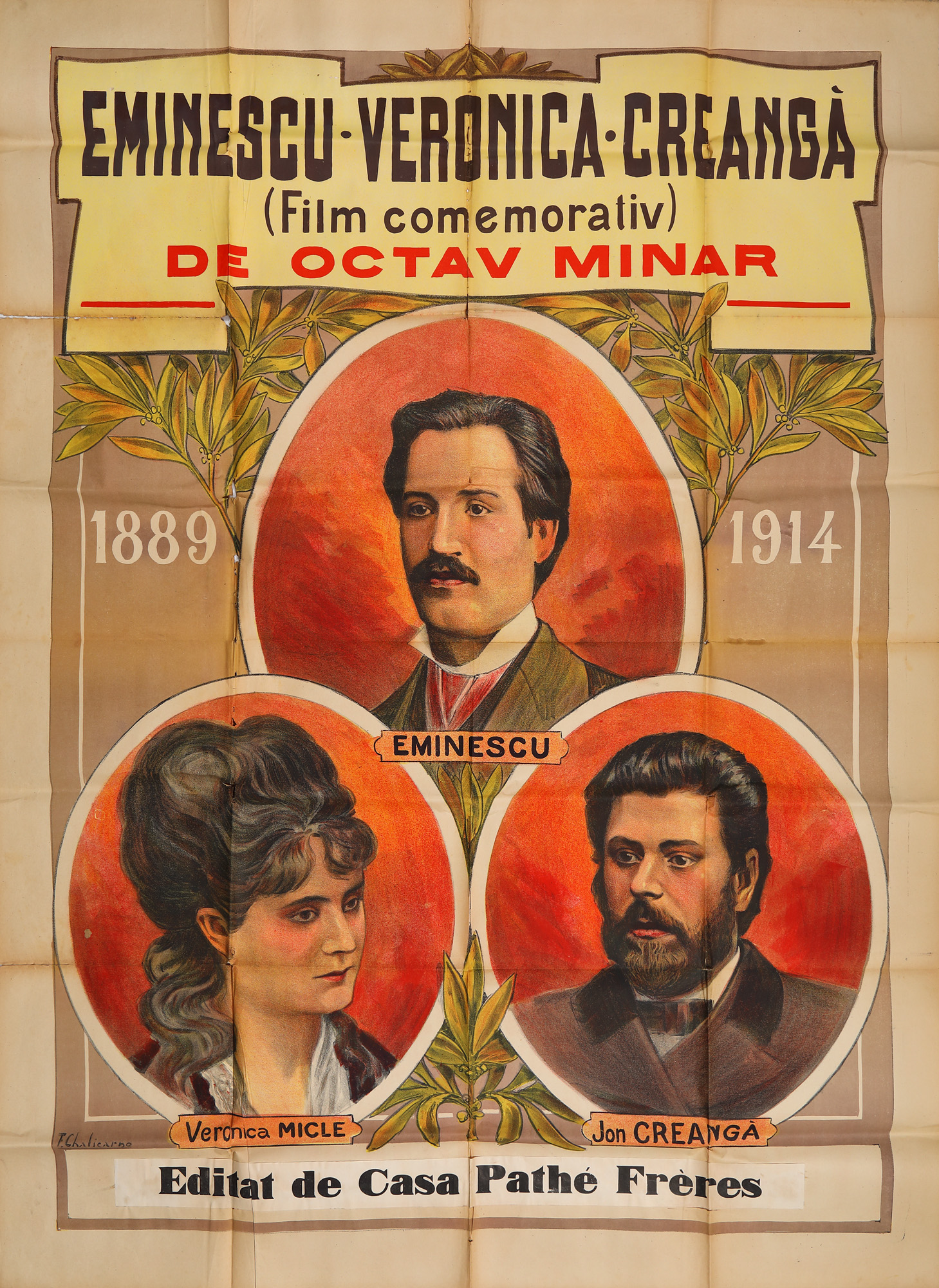 Afișul filmului Eminescu, Veronica, Creangă, de Octav Minar, primul film documentar românesc, făcut în 1914, comemorând 25 de ani de la moartea lui Eminescu, piesă rară, de colecție