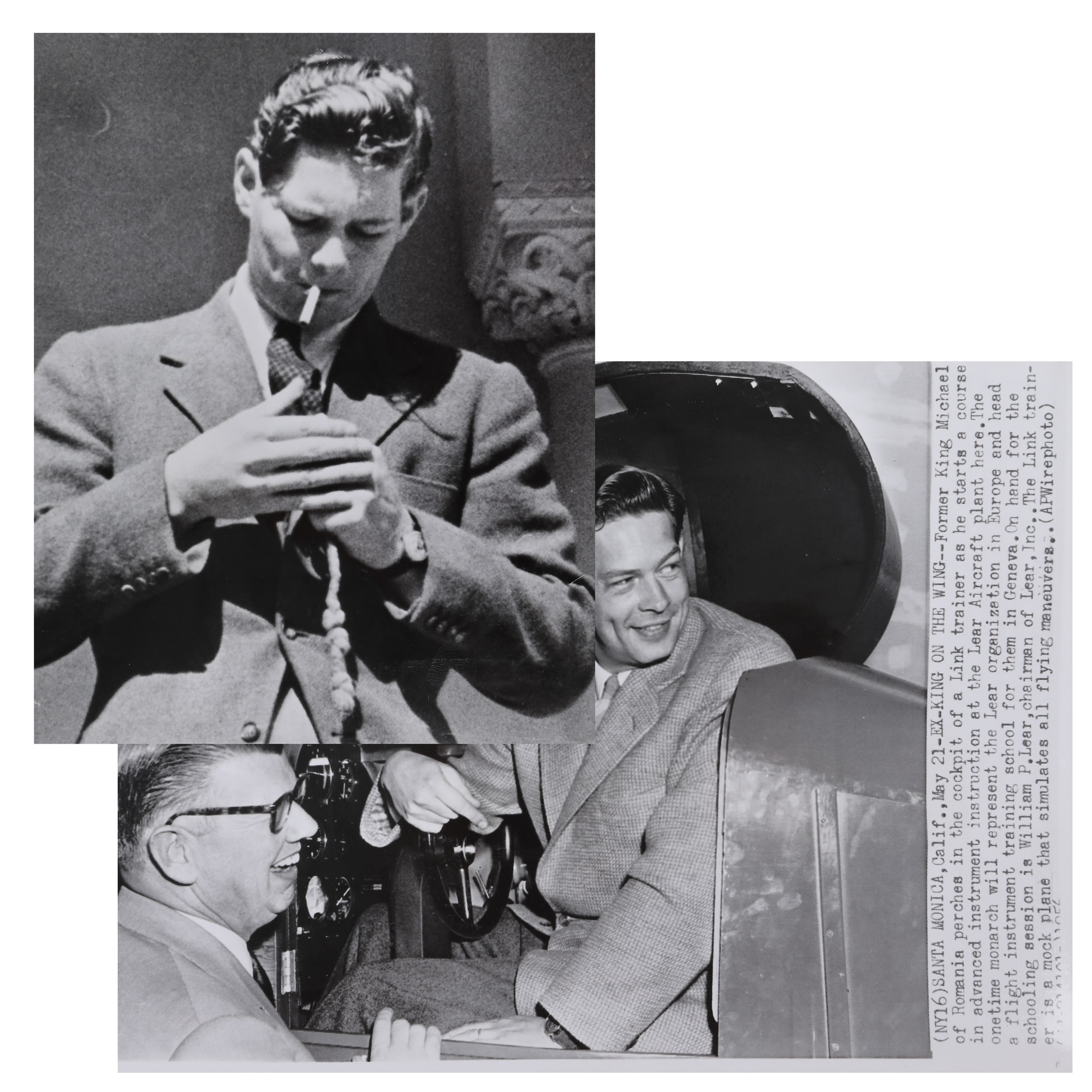 Two press photographs illustrating King Michael smoking, on board of an airship prototype, 1942-1956