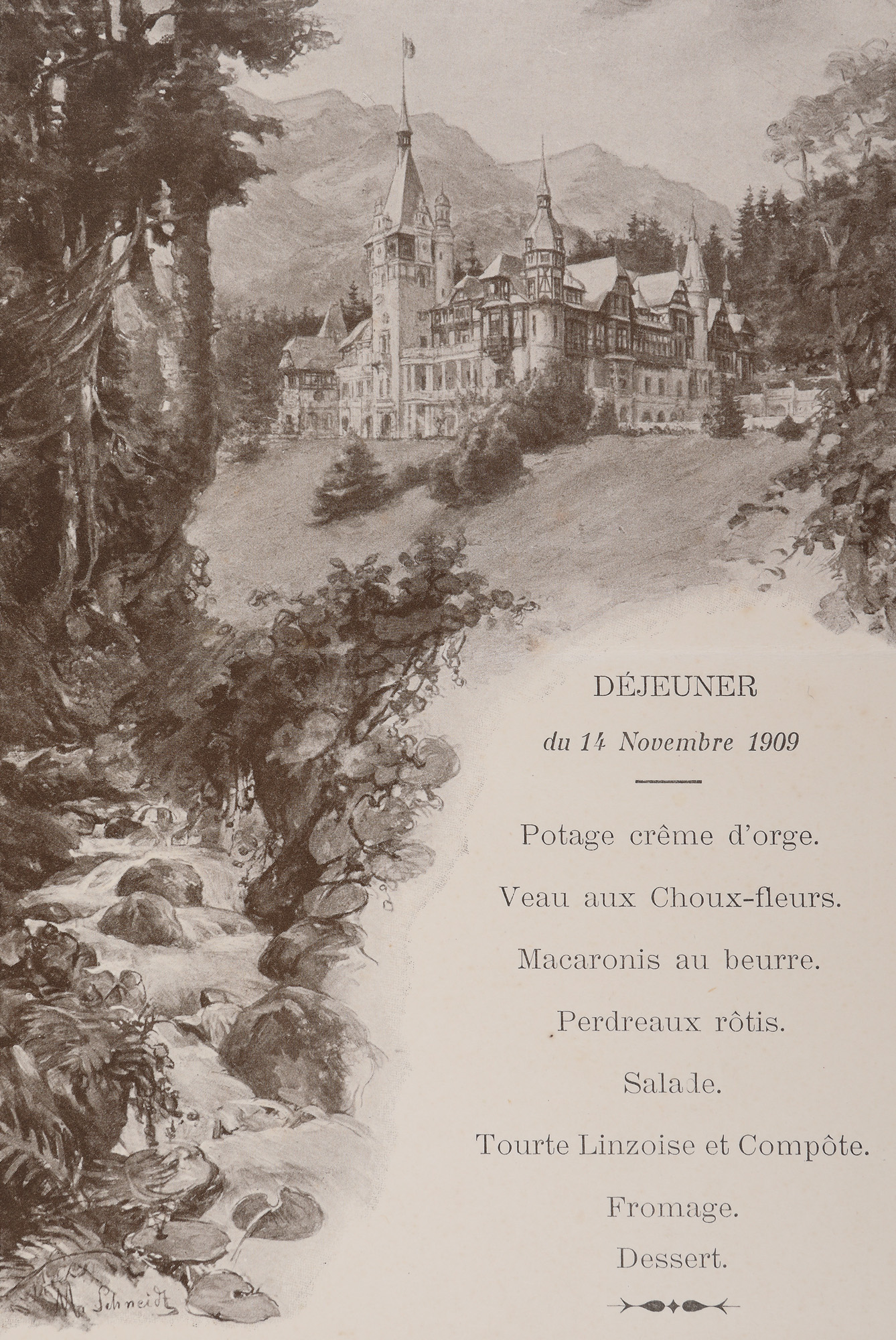 Meniu al unui mic dejun la Castelul Peleș din 14 noiembrie 1909