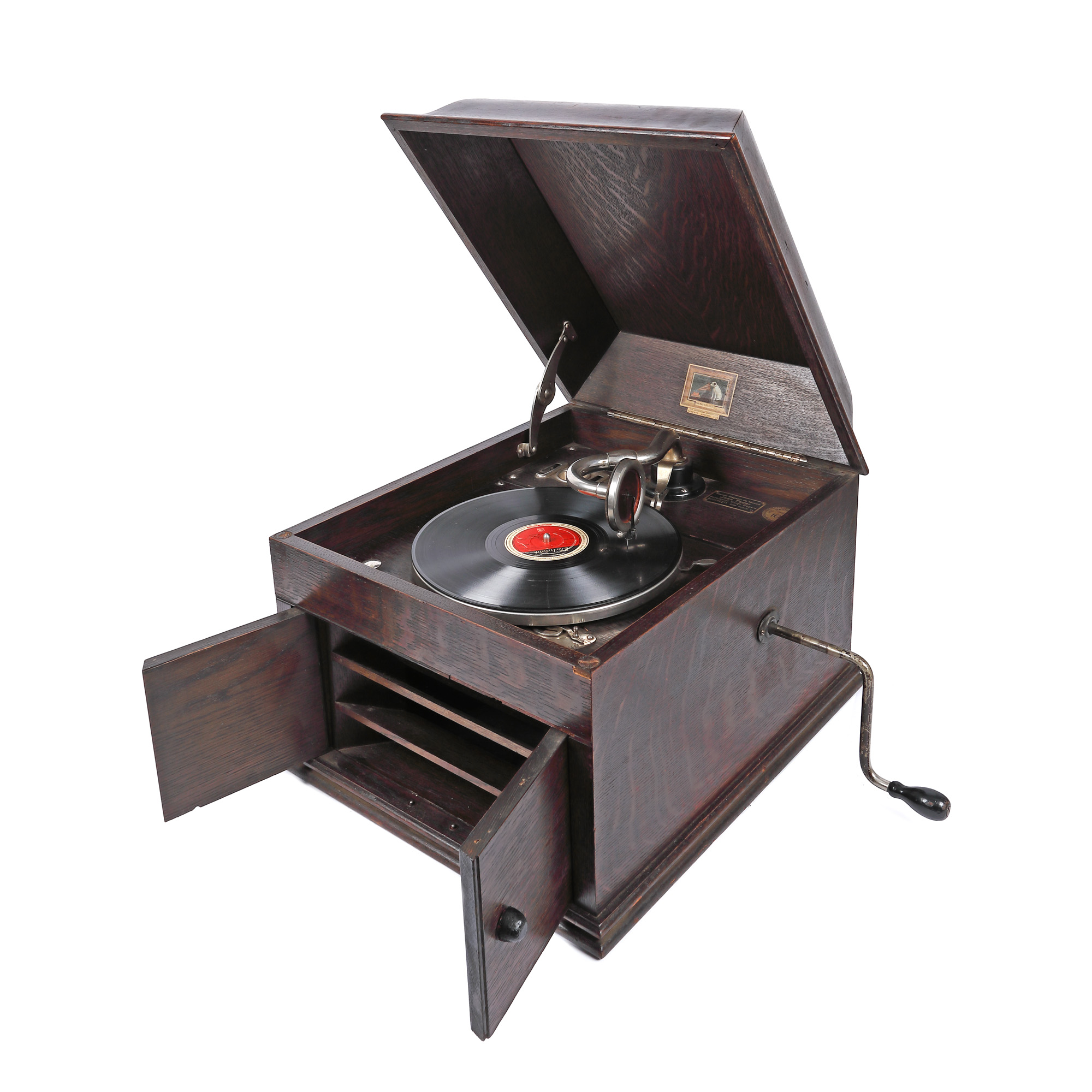 Gramofon His Master Voice, model 109, marcă de magazin interbelic Jean Feder, Furnizor al Curței Regale, începutul sec. XX