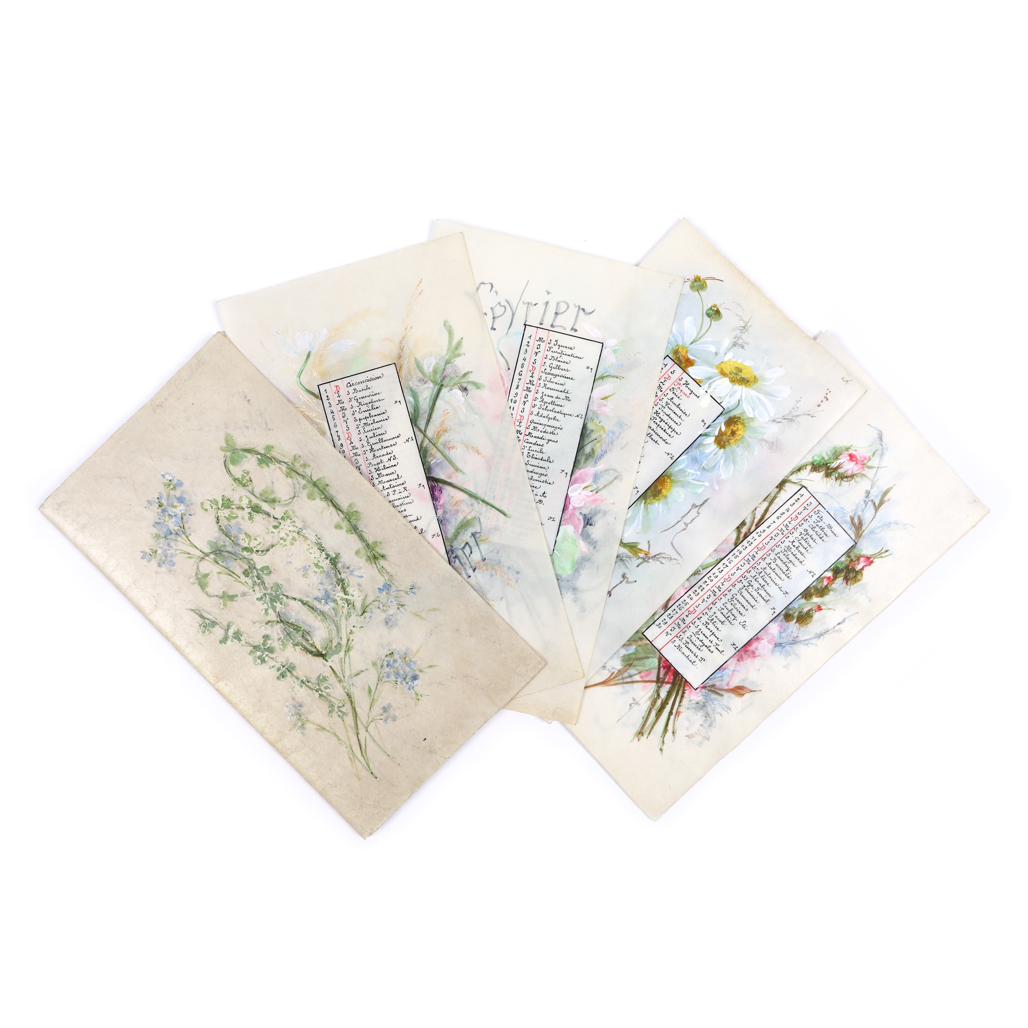 Queen Elisabeth, Calendar of 1899 (January, February, April, June, July, September, November, December) painted with Romanian flowers, and containing a calligraphic written though, extremely rare collection item