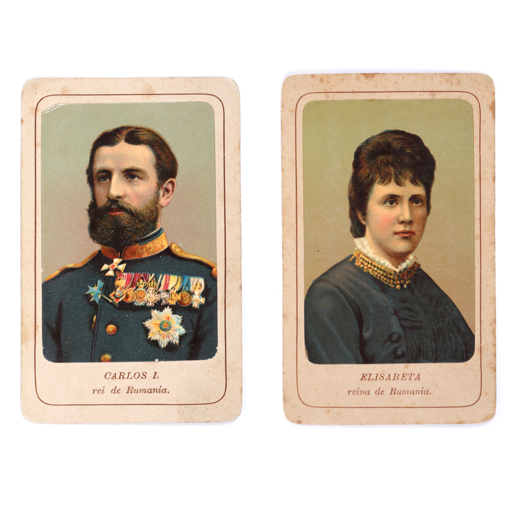 Lot format din două litografii, format carte de visite, ilustrându-i pe Regele Carol I și Regina Elisabeta, la tinerețe, Spania, a doua jumătate a sec. XIX
