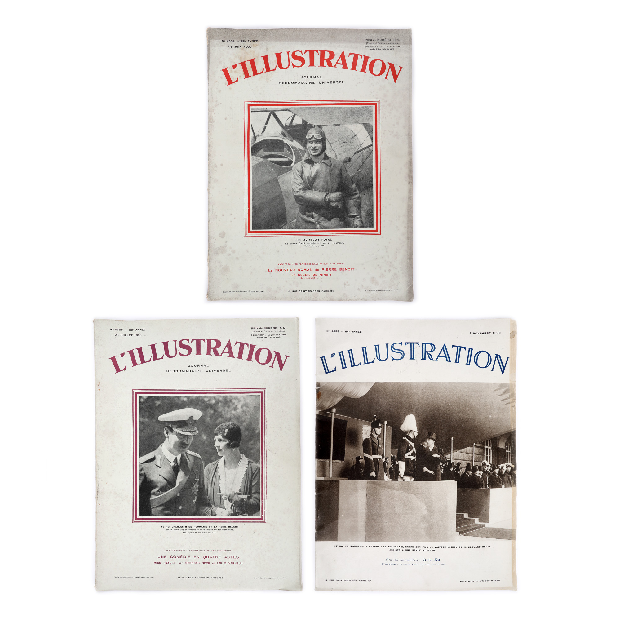 Lot format din trei numere ale revistei ”L'Illustration”, ilustrându-l pe Regele Carol al II-lea la întoarcerea în țară cu prilejul revenirii pe tron, 11 iunie 1930, alături de Regina Elena, 26 iulie 1930, și alături de fiul său, Marele Voievod Mihai, 7 noiembrie 1936