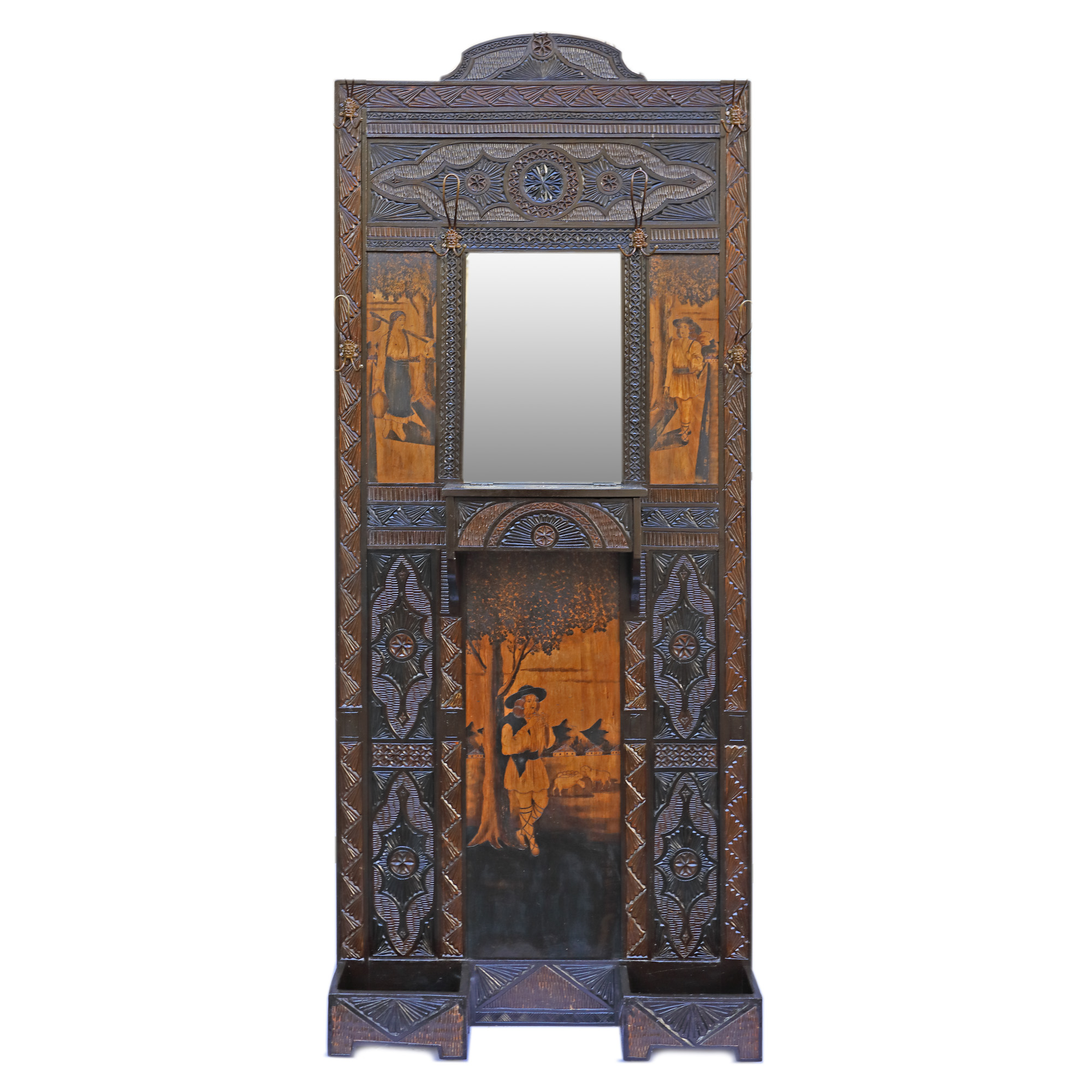 Cuier în stil Brumărescu, cu panouri pirogravate, cca. 1920-1930, piesă de colecție