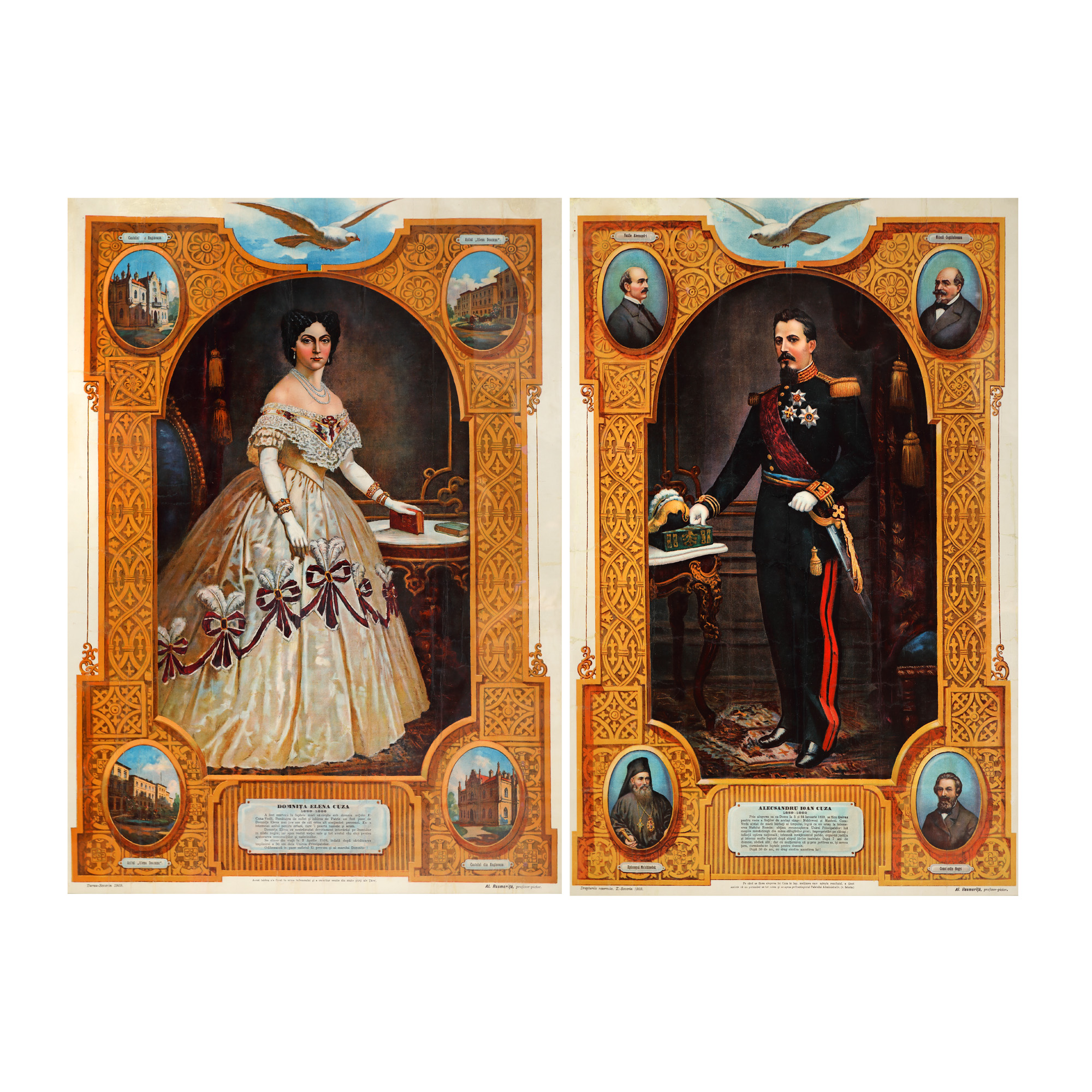 Lot format din două cromolitografii ”Elena și Alexandru Ioan Cuza”, de Alexandru Resmeriţă, 1909, realizate cu ocazia împlinirii a 50 de ani de la Unirea Principatelor