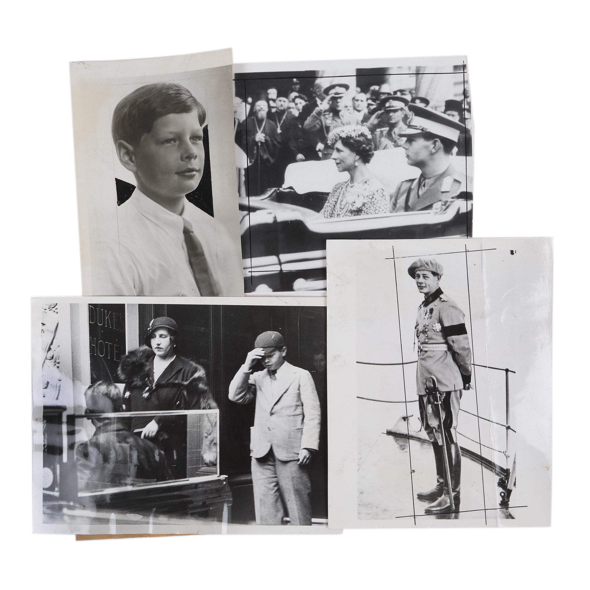 Four press photographs illustrating Crown Prince Michael, alongside Queen Mother Helen, London and Bucharest, 1932-1941