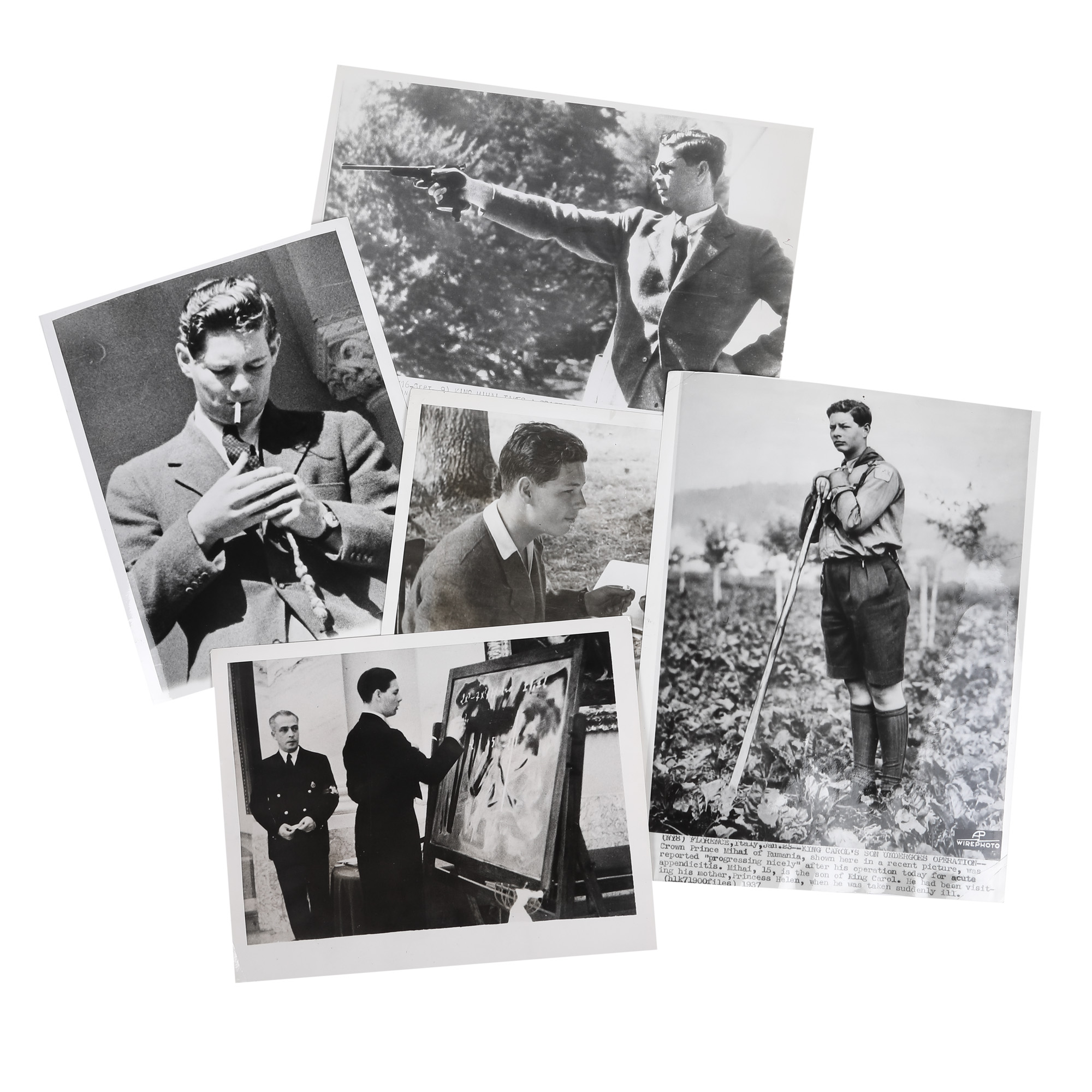 Five press photographs illustrating King Michael in original roles in his youth, 1937-1944