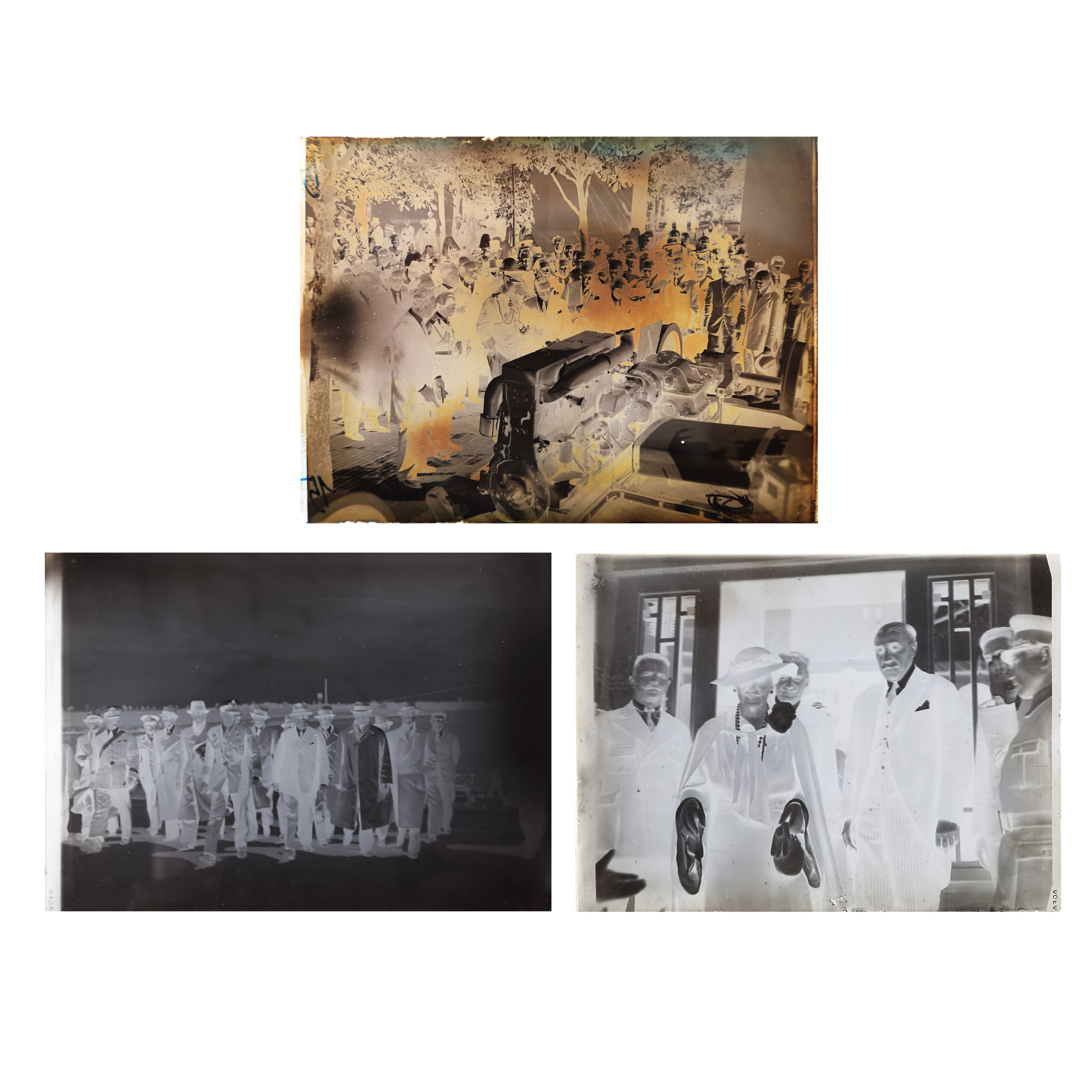 Three negatives on glass, illustrating: Prince Nicholas with Alexandru Donescu, Mayor of the Capital City, as well as a few architects, on the 16th of April 1935, visiting the building site of the "Luna Bucureștilor 1935" ("The Bucharest Month 1935") Exhibition Queen Marie, Dr. Costinescu and Alexandru Donescu during the "Tubercuolosis Defense" League meeting, in June 1935; King Carol II and the members of the Government at the Malaxa stand of the Romanian Industry Exhibition, Carol Park 1934, rare collection items