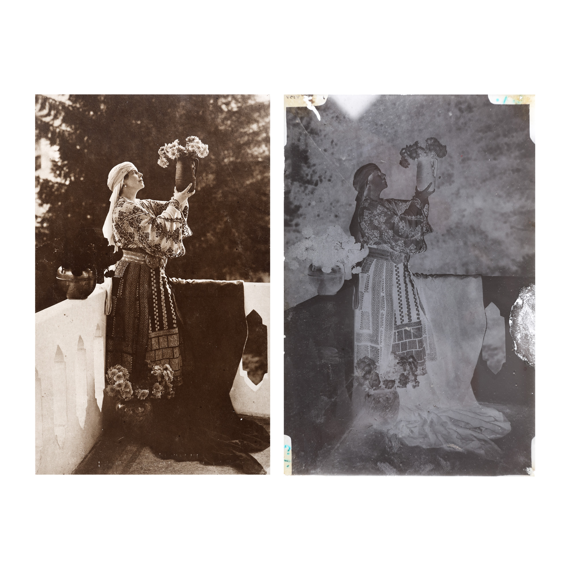 Lot format din carte poștală și clișeul pe sticlă, probabil realizat de Adolphe A. Chevallier, reprezentând-o pe Regina Maria în costum popular în reședința regală de la Bicaz, Piatra Neamț, 1918