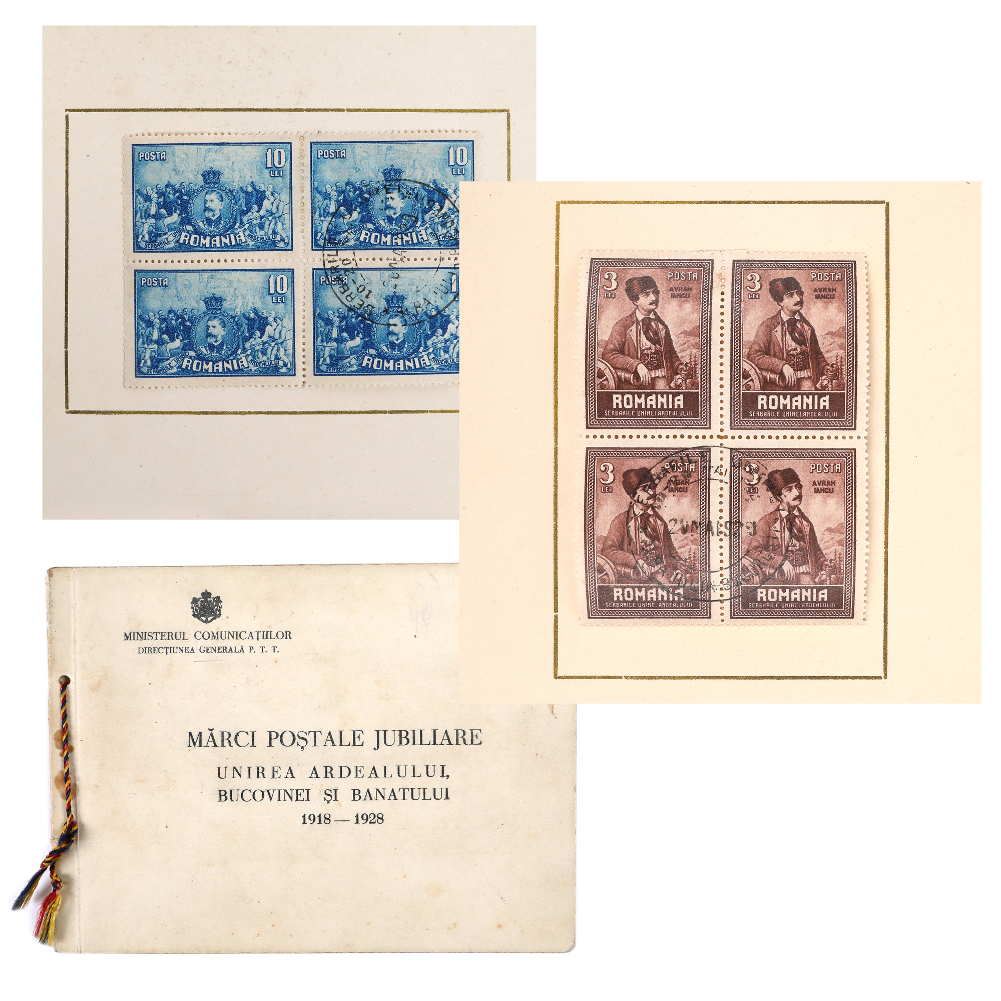 Lot format din două emisiuni filatelice jubiliare ”Unirea Basarabiei 1918-1928” și ”Unirea Ardealului, Bucovinei și Banatului 1918-1928”