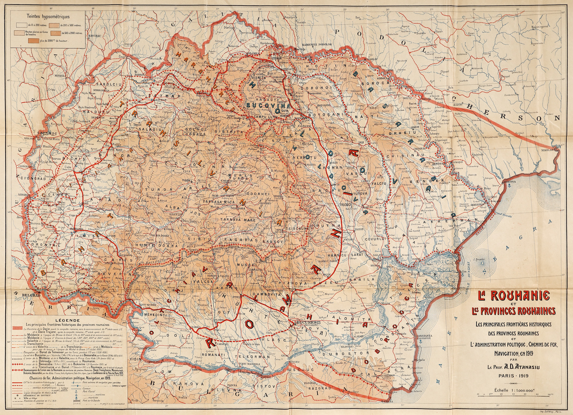 Hartă ”România Mare”, de A.D. Atanasiu, Paris, 1919