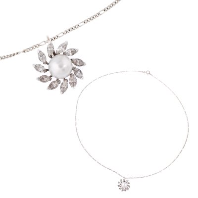 Chain with pendant, white gold, decorated with pearl surrounded with diamonds, comes from the collection of Marina Dimitropoulos 