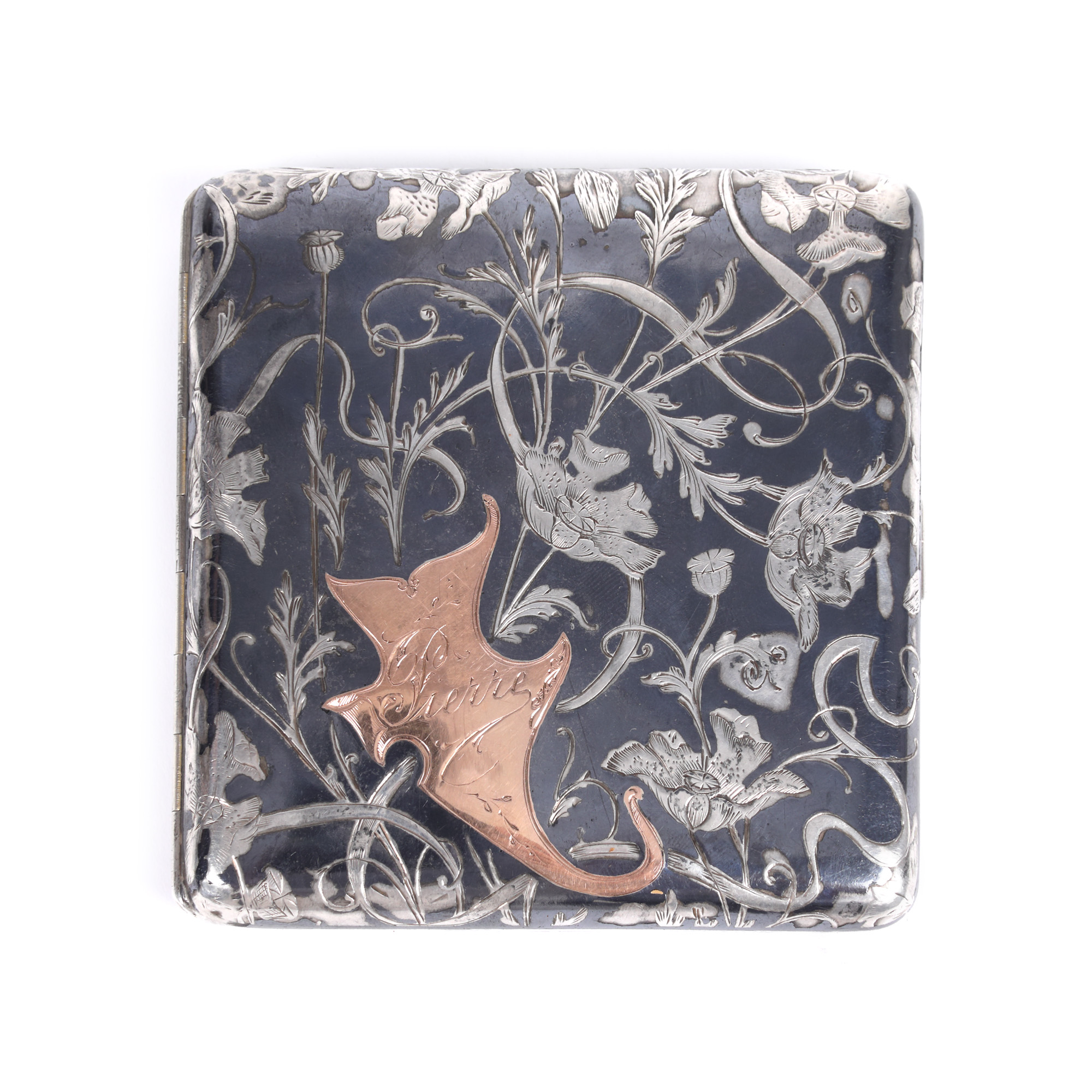Cigarette case, niello silver, decorated with poppies, 19th century
